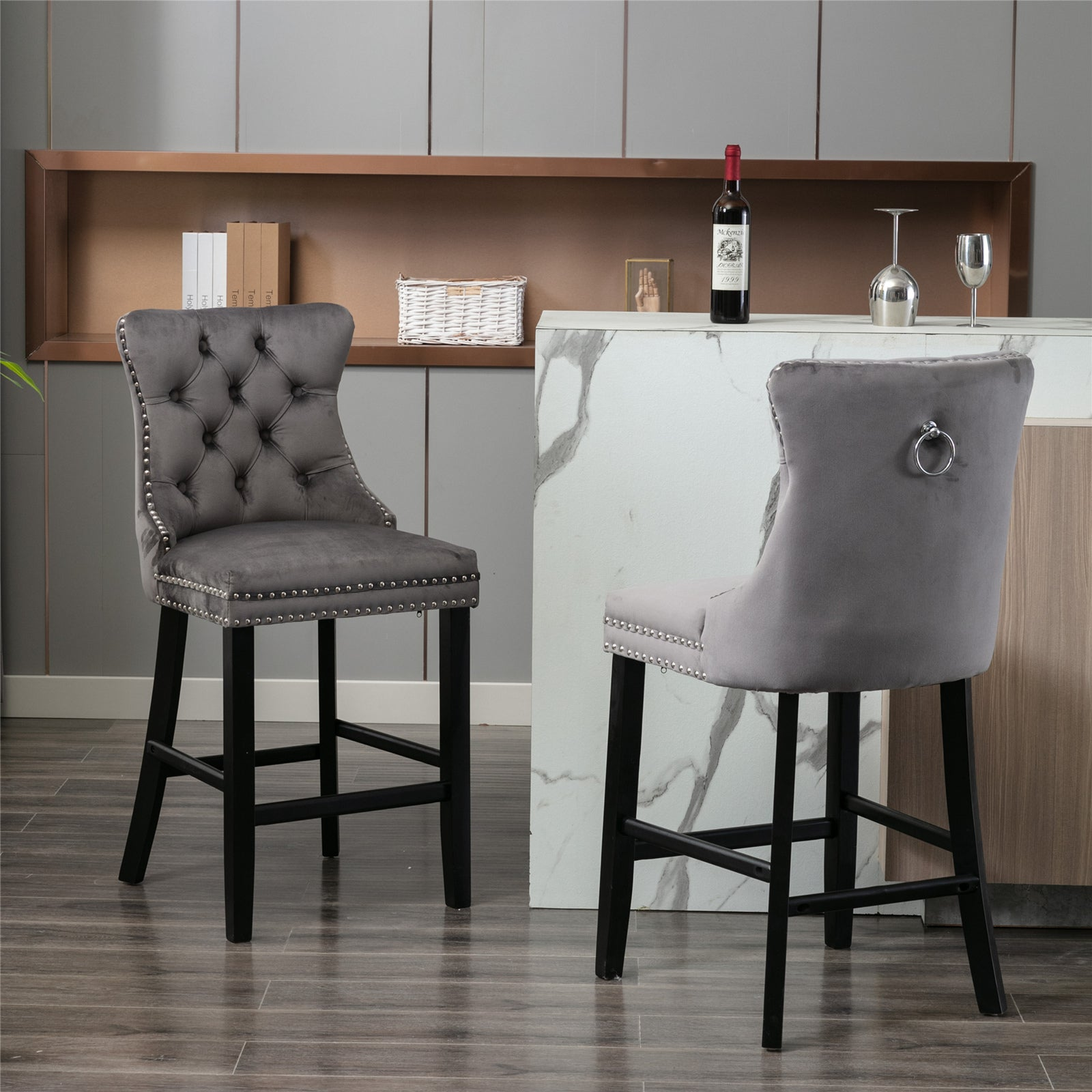 Contemporary Velvet Upholstered Barstools with Button Tufting, Chrome Nailhead T