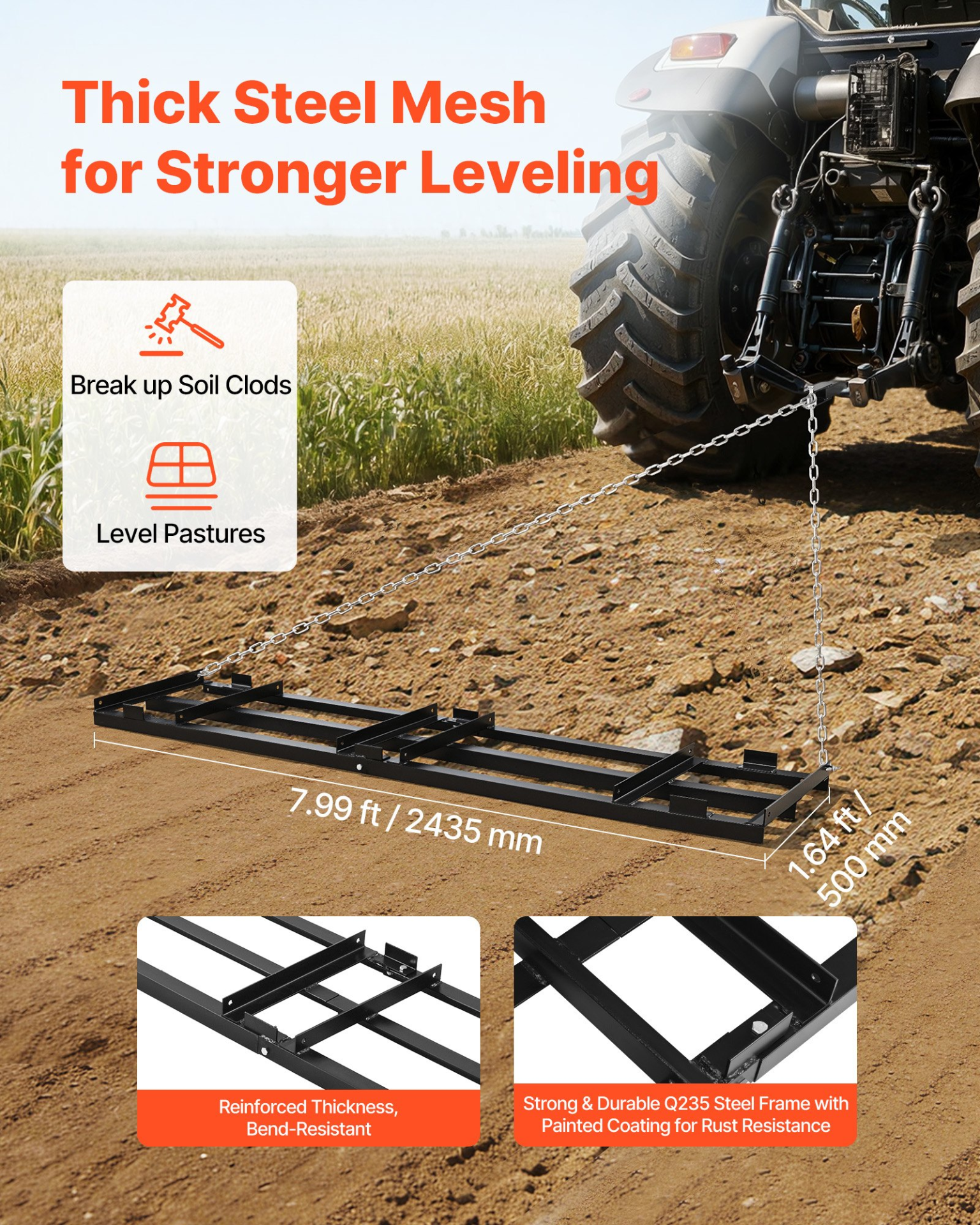 96×20” Drag Harrow Tow Behind Driveway Grader Heavy Duty ATV Tractor