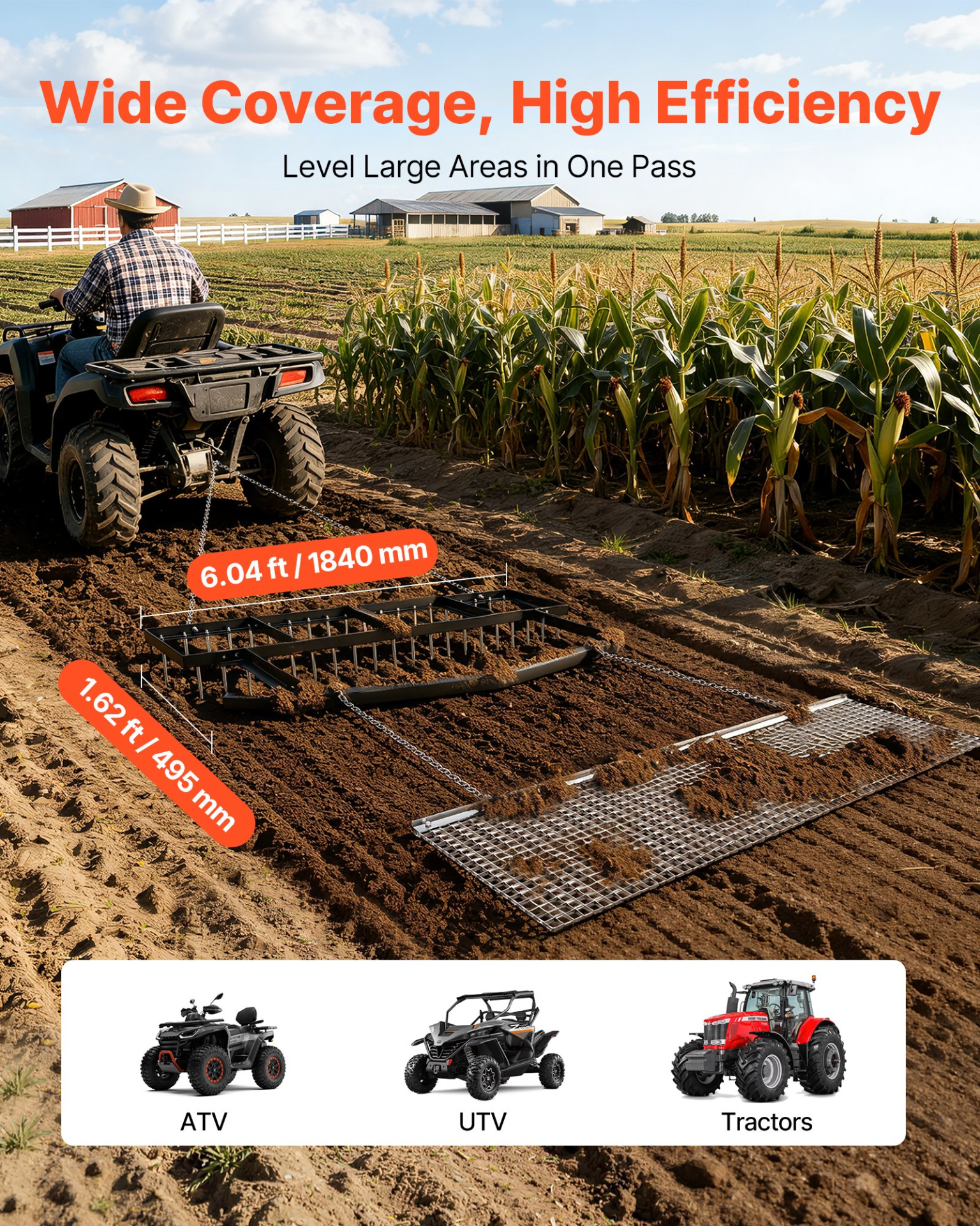 6FT Drag Harrow Tow Behind Driveway Grader Chain Harrow ATV Tractor