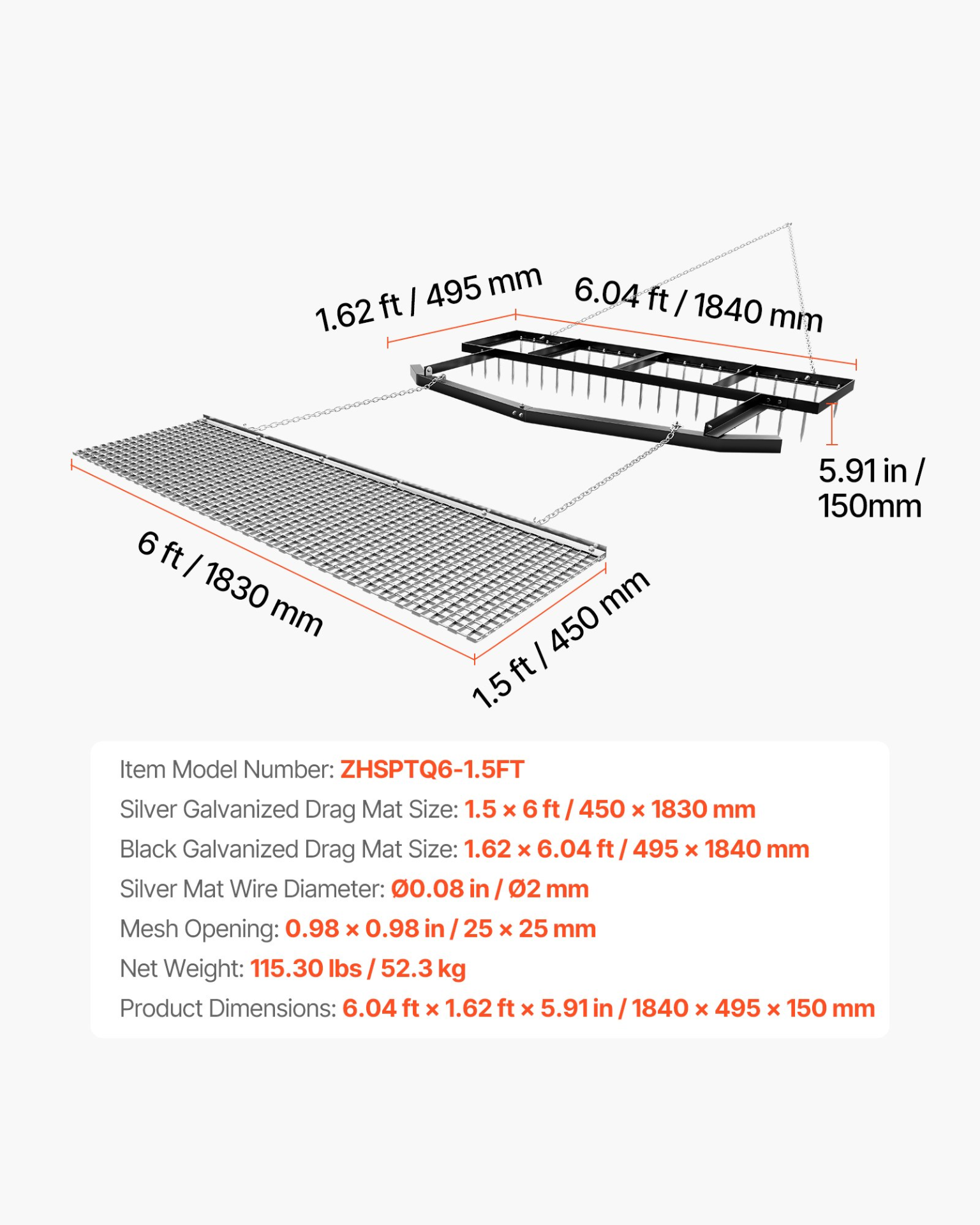 6FT Drag Harrow Tow Behind Driveway Grader Chain Harrow ATV Tractor