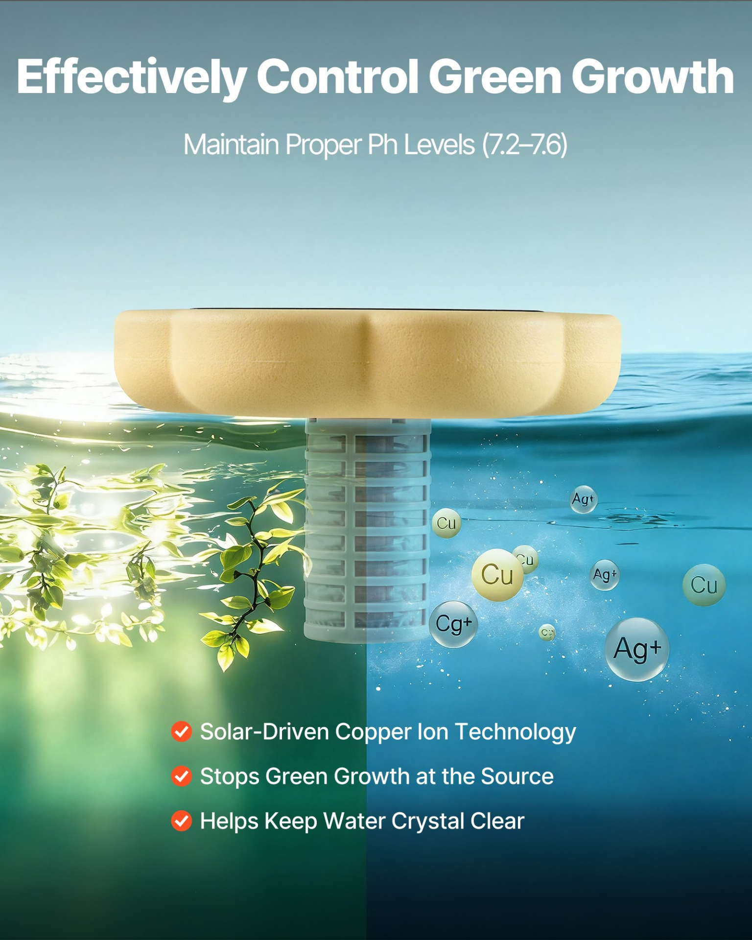 Solar Pool Ionizer, Brush and Filter for Pools & Spas