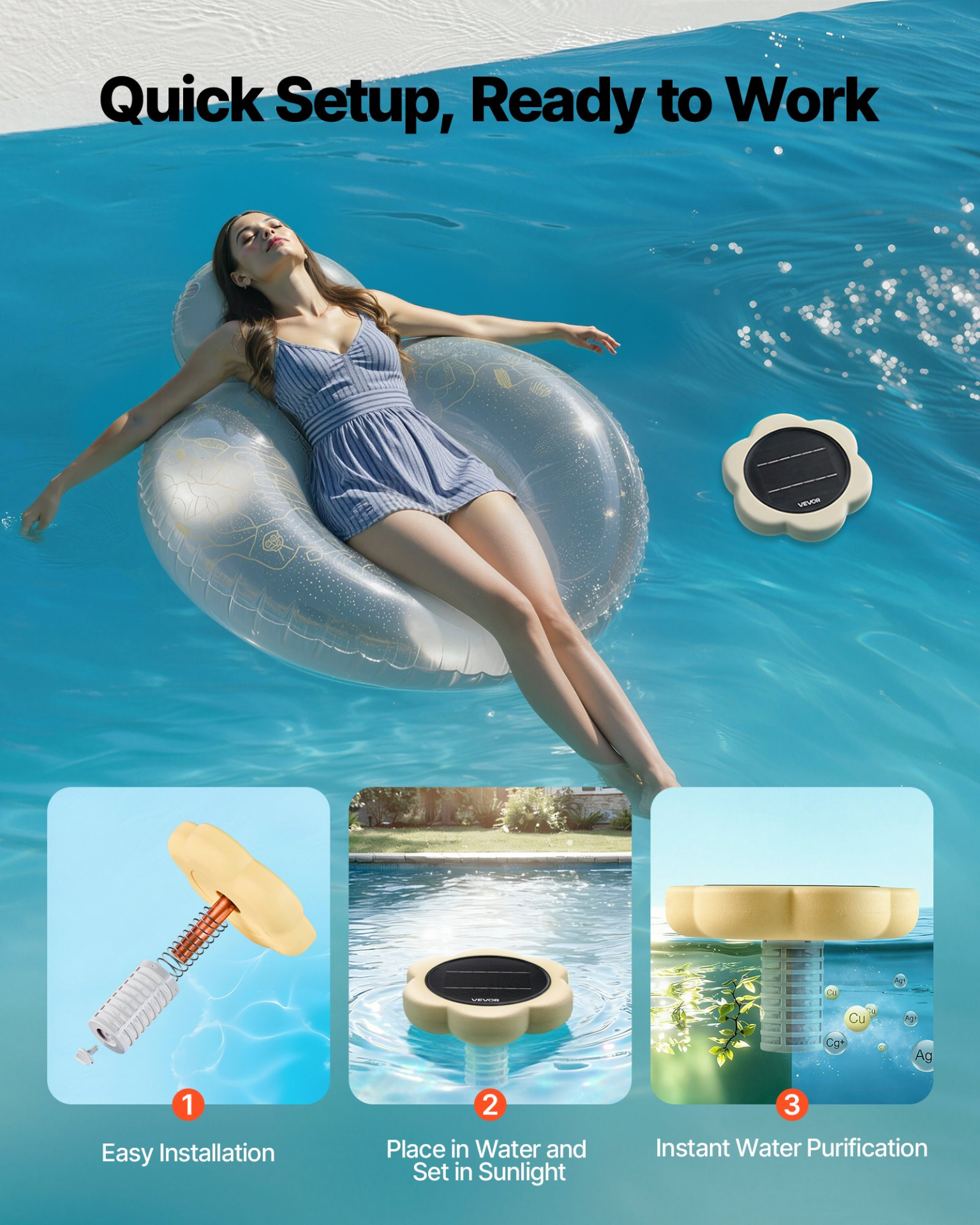 Solar Pool Ionizer, Brush and Filter for Pools & Spas