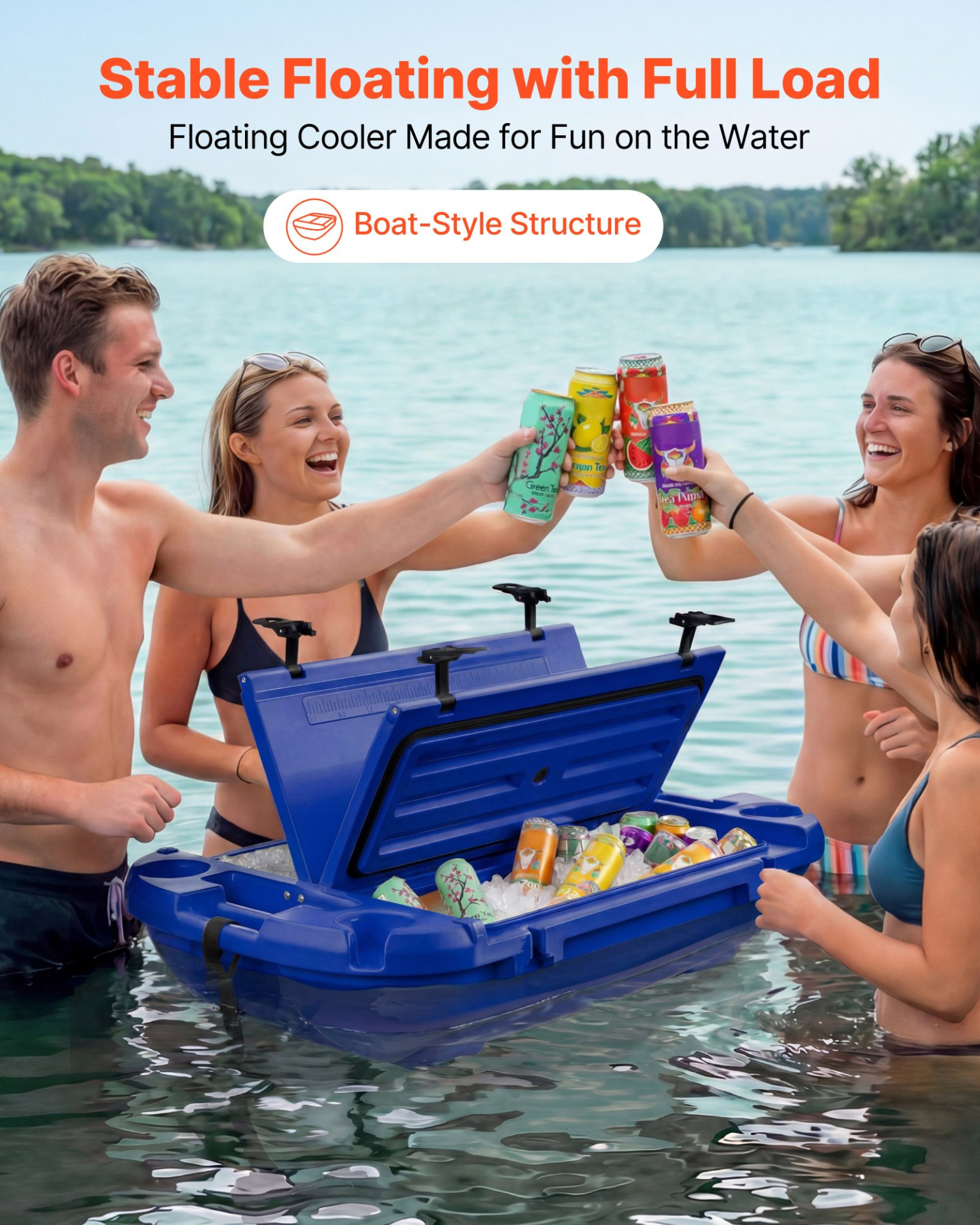 Floating Cooler, 40 QT Floating Ice Chest with Dry Storage & Tow Rope, Deep Blue