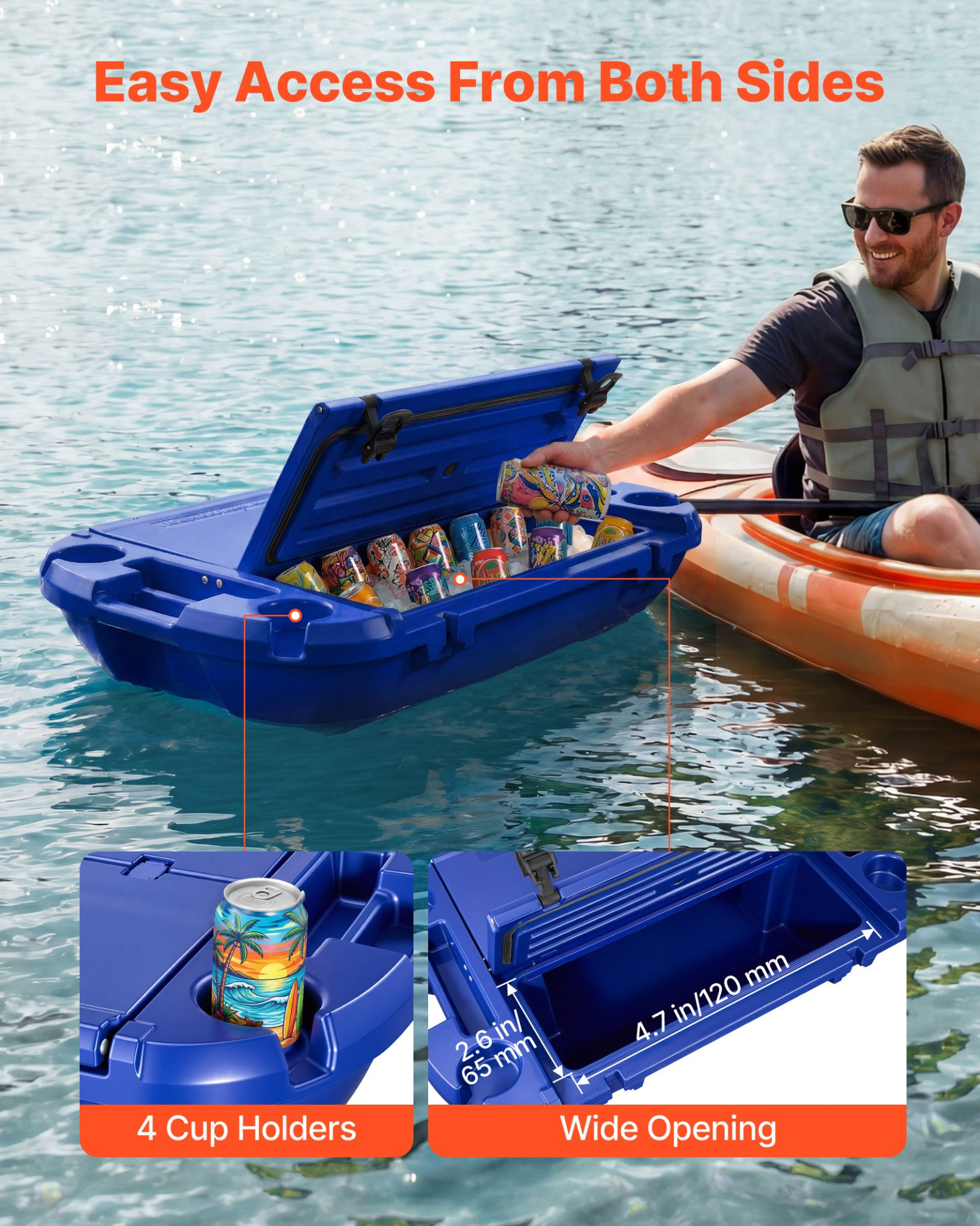 Floating Cooler, 40 QT Floating Ice Chest with Dry Storage & Tow Rope, Deep Blue