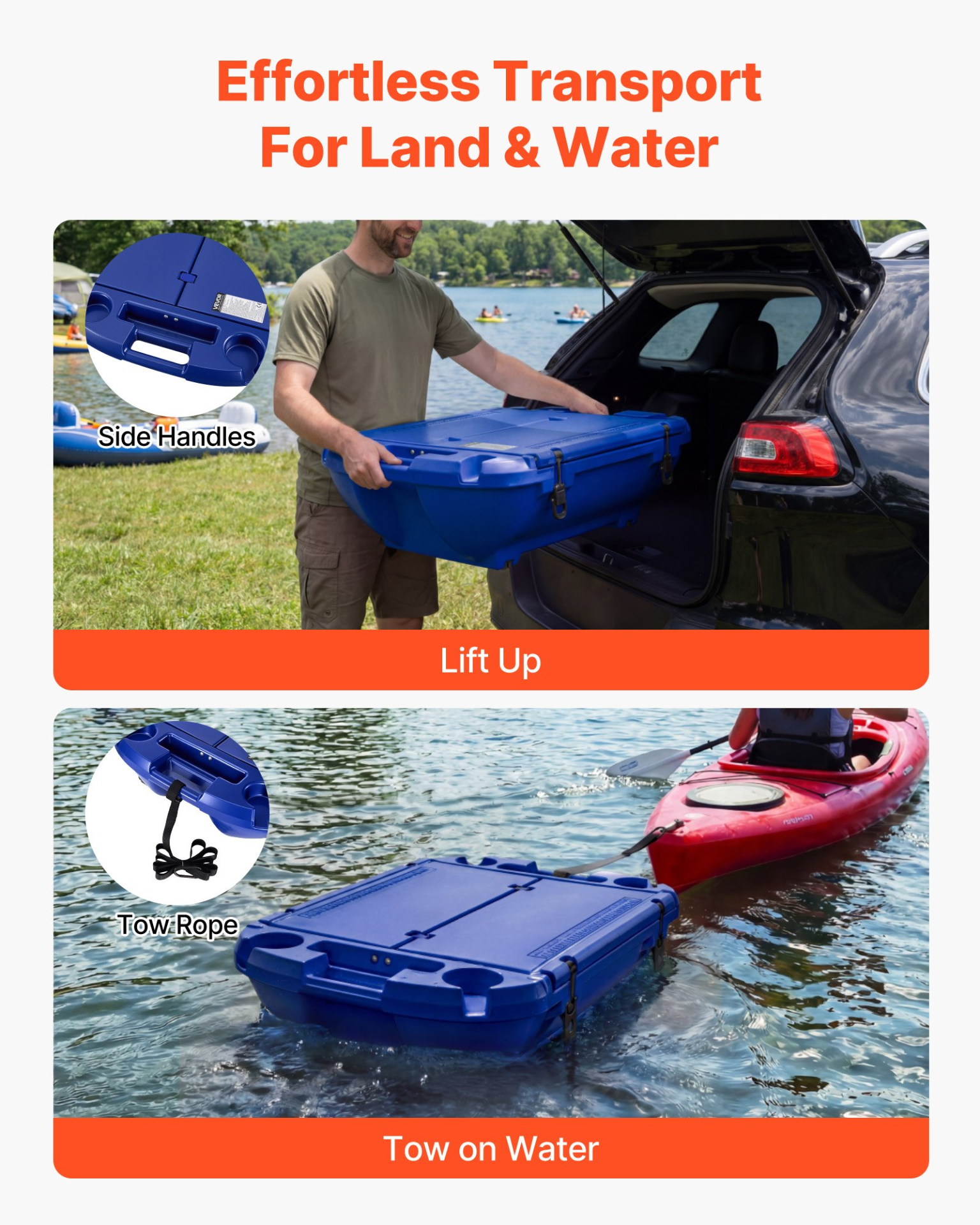 Floating Cooler, 40 QT Floating Ice Chest with Dry Storage & Tow Rope, Deep Blue