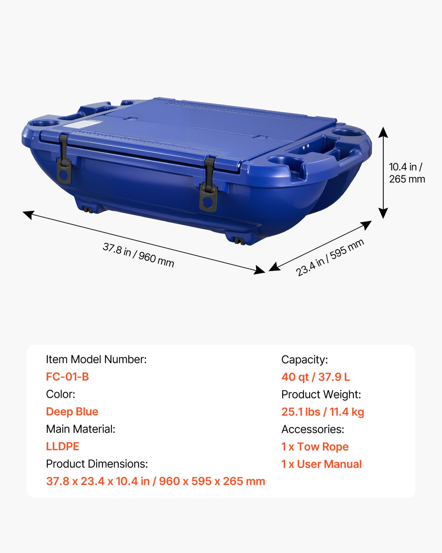 Floating Cooler, 40 QT Floating Ice Chest with Dry Storage & Tow Rope, Deep Blue
