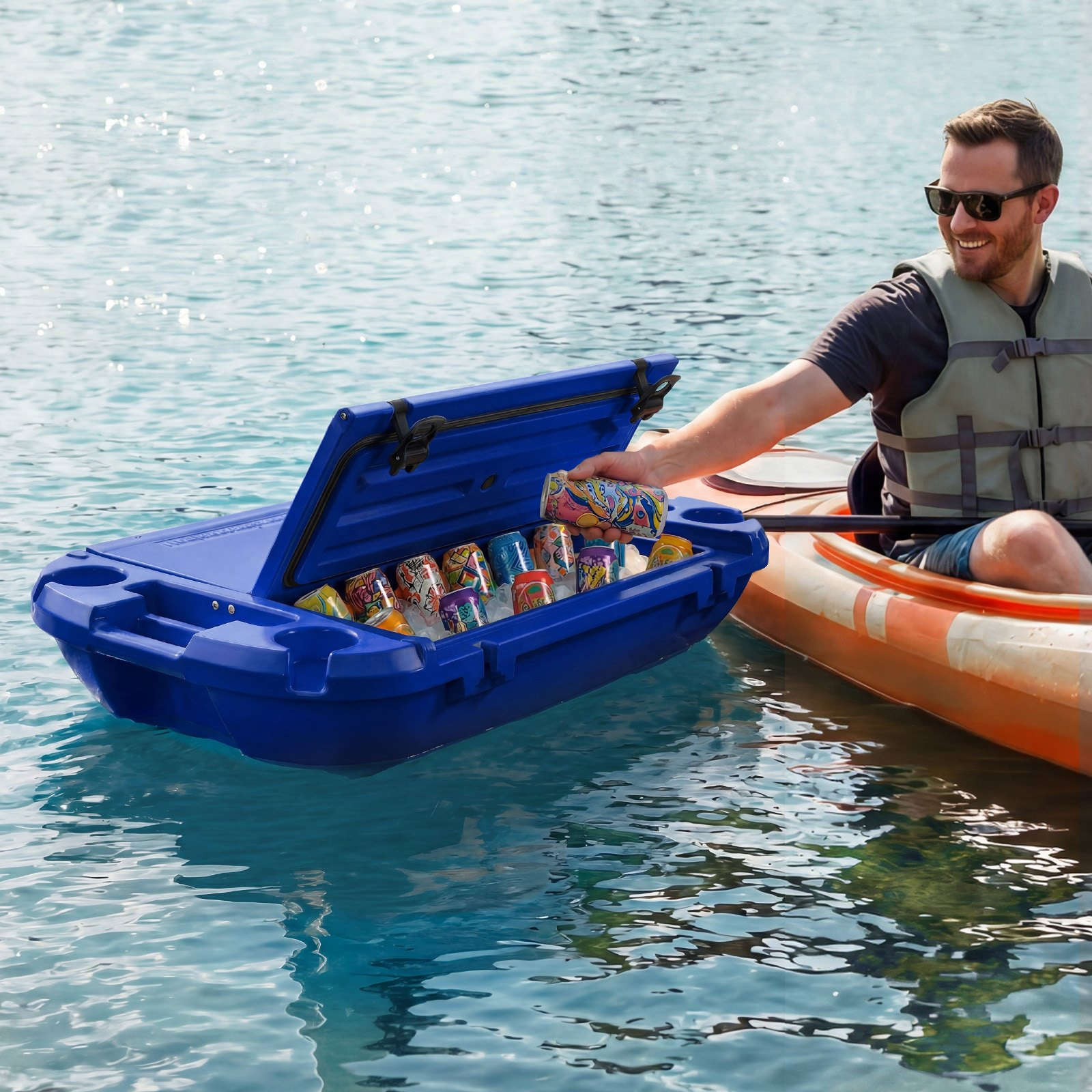Floating Cooler, 40 QT Floating Ice Chest with Dry Storage & Tow Rope, Deep Blue