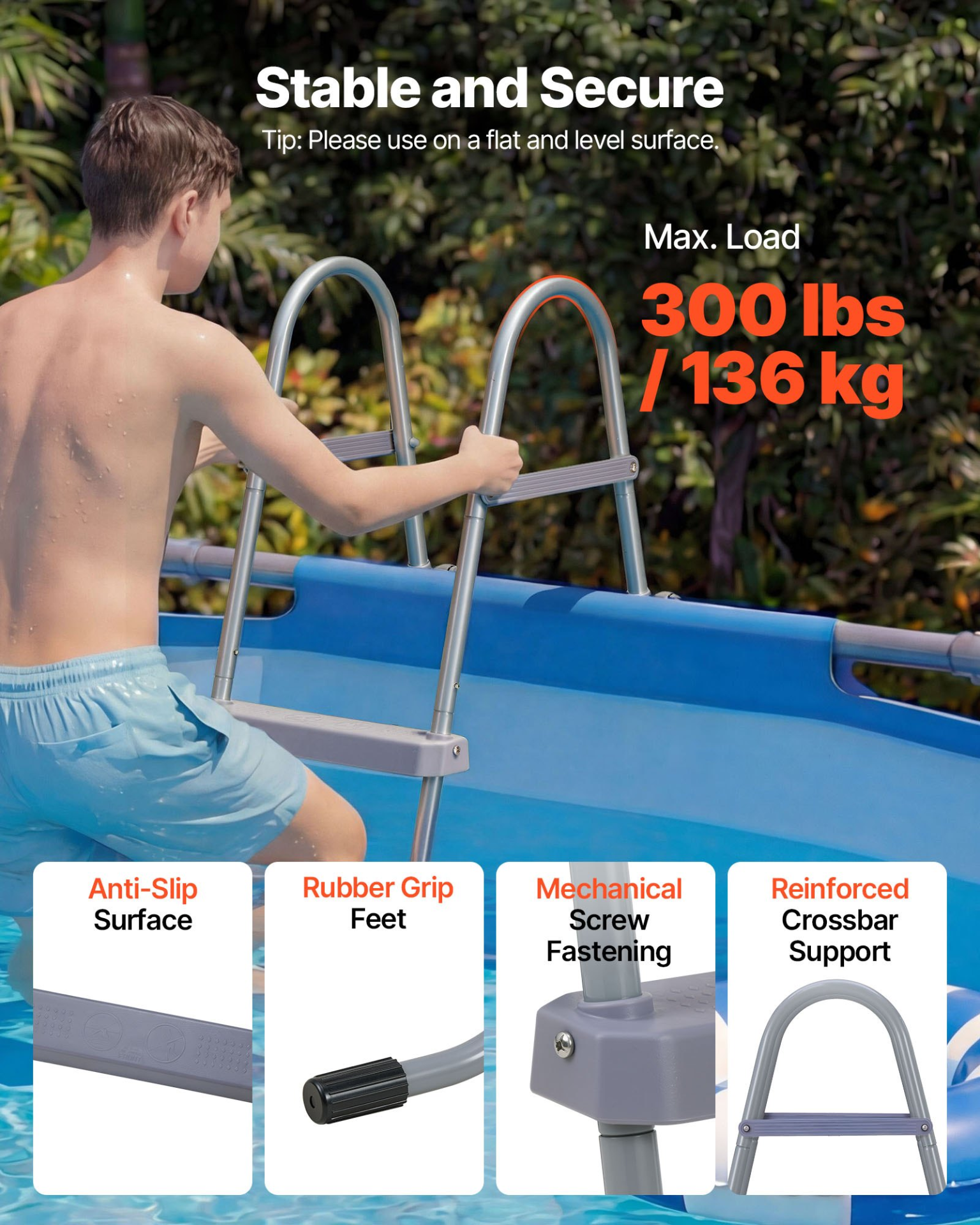 Above Ground Pool Ladder 4 Step A-Frame 52" Wall 300LB Capacity