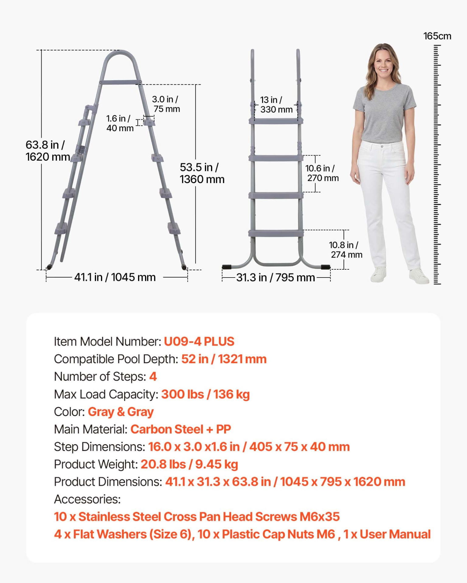 Above Ground Pool Ladder 4 Step A-Frame 52" Wall 300LB Capacity