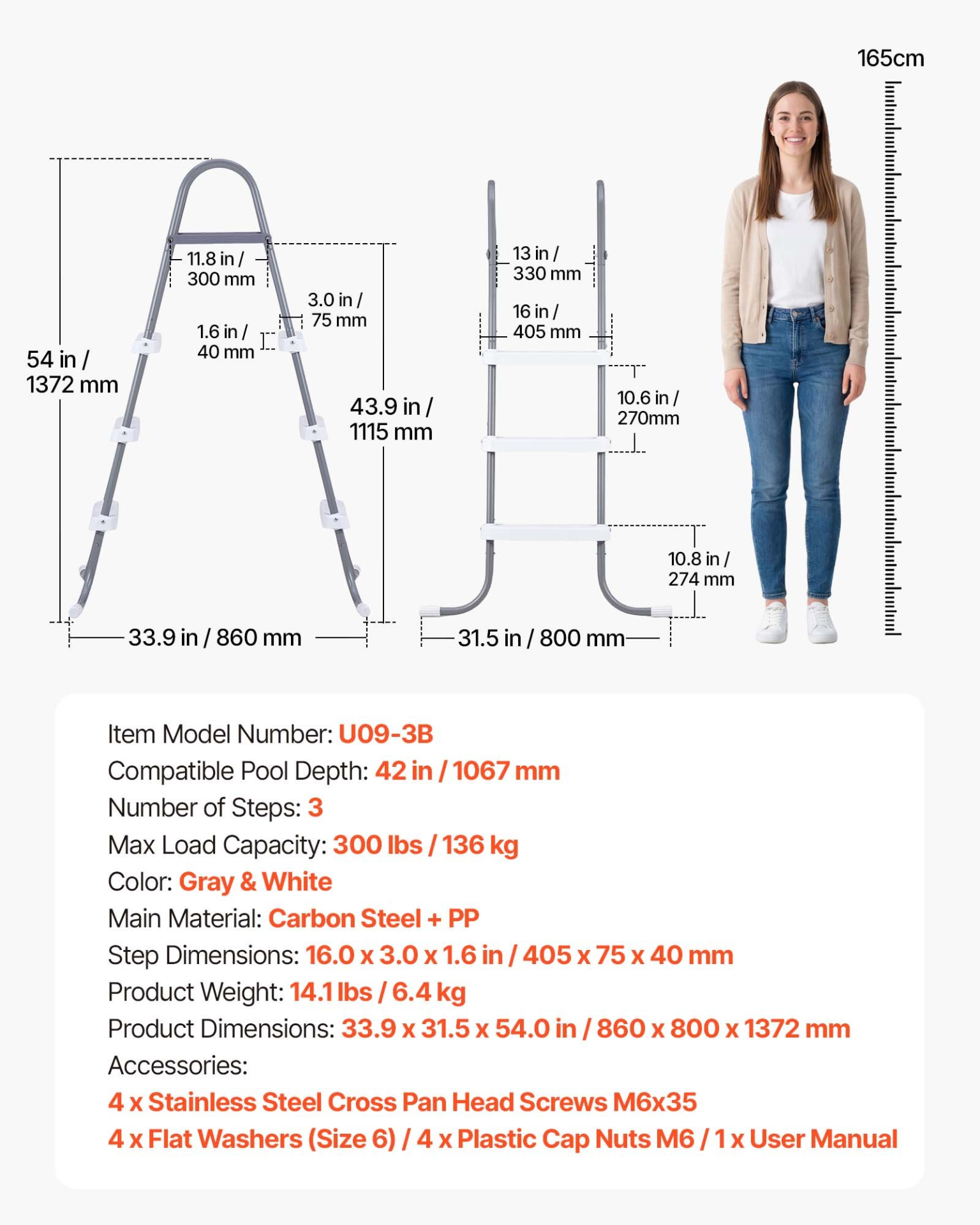 Above Ground Pool Ladder, Gray & White