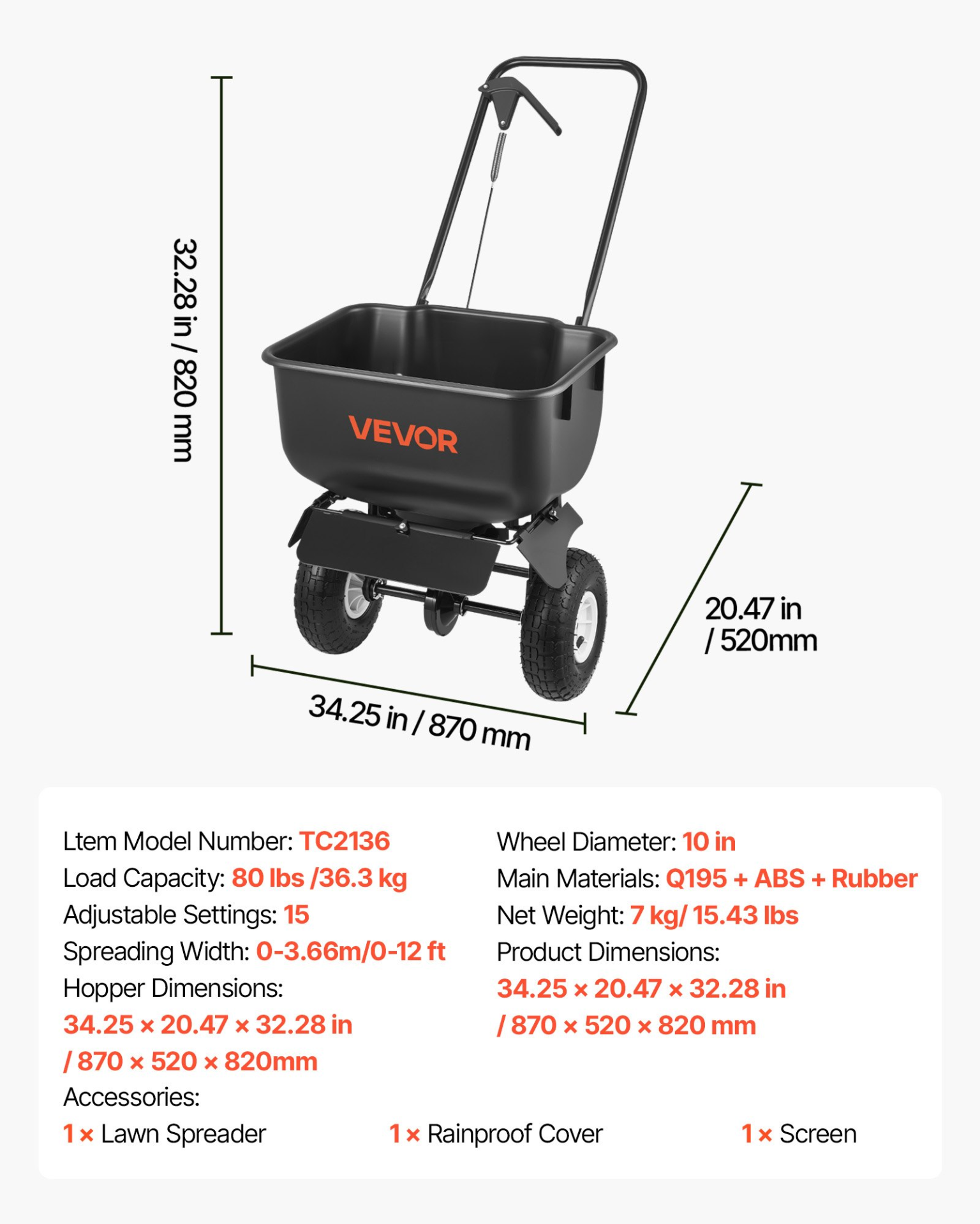 Push Lawn Spreader, 12ft Spreading Width, Salt Ice Melt