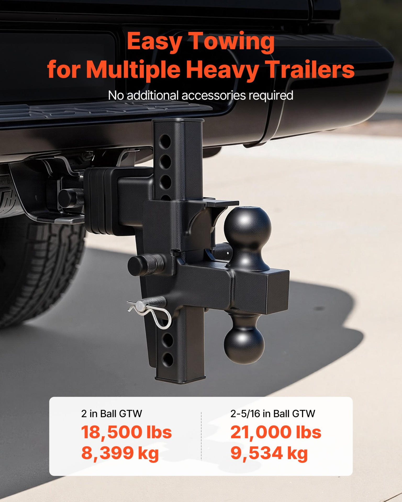 VEVOR Adjustable Trailer Hitch, 2.5” Receiver, 21000 lbs GTW, 9” Drop