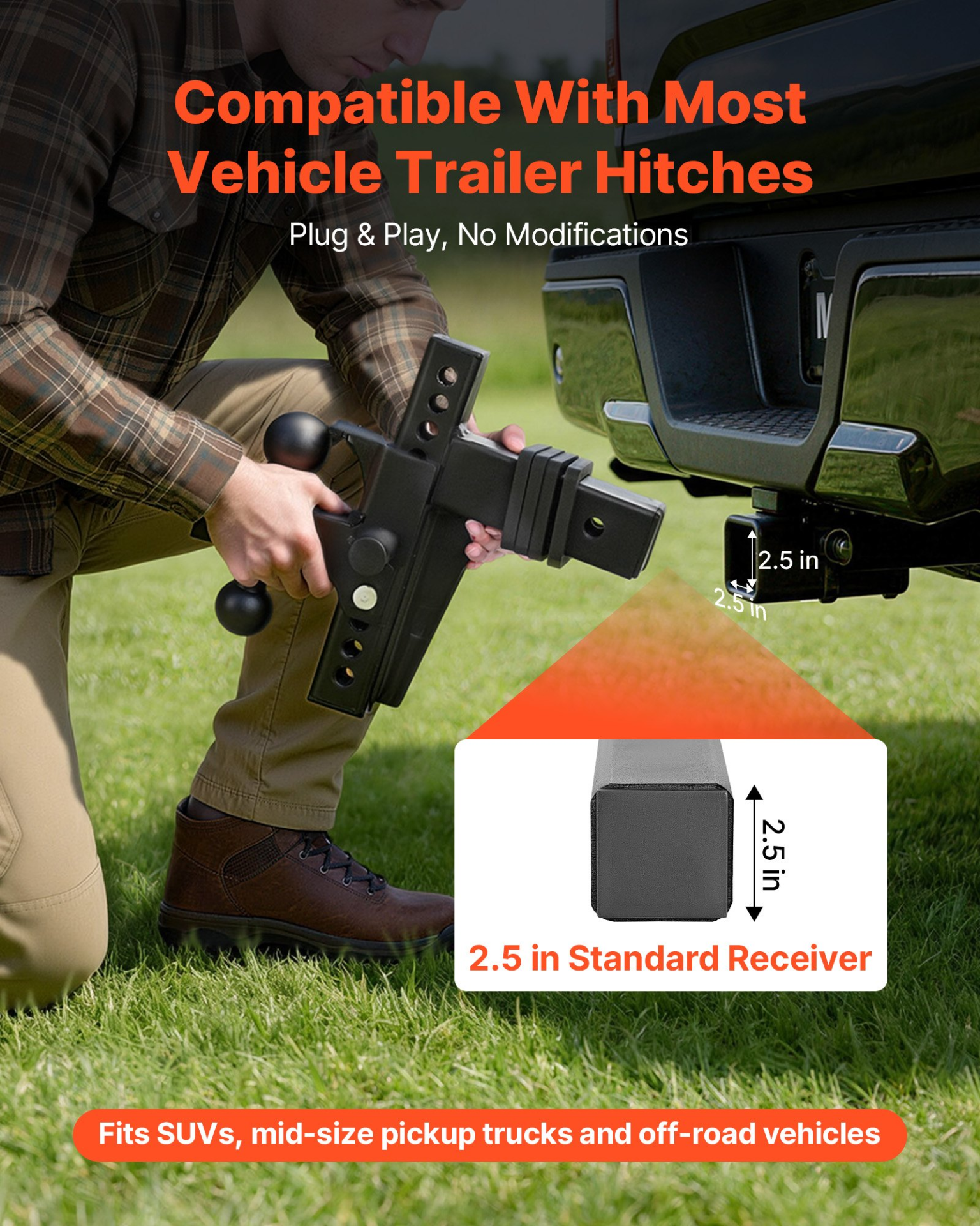 VEVOR Adjustable Trailer Hitch, 2.5” Receiver, 21000 lbs GTW, 9” Drop