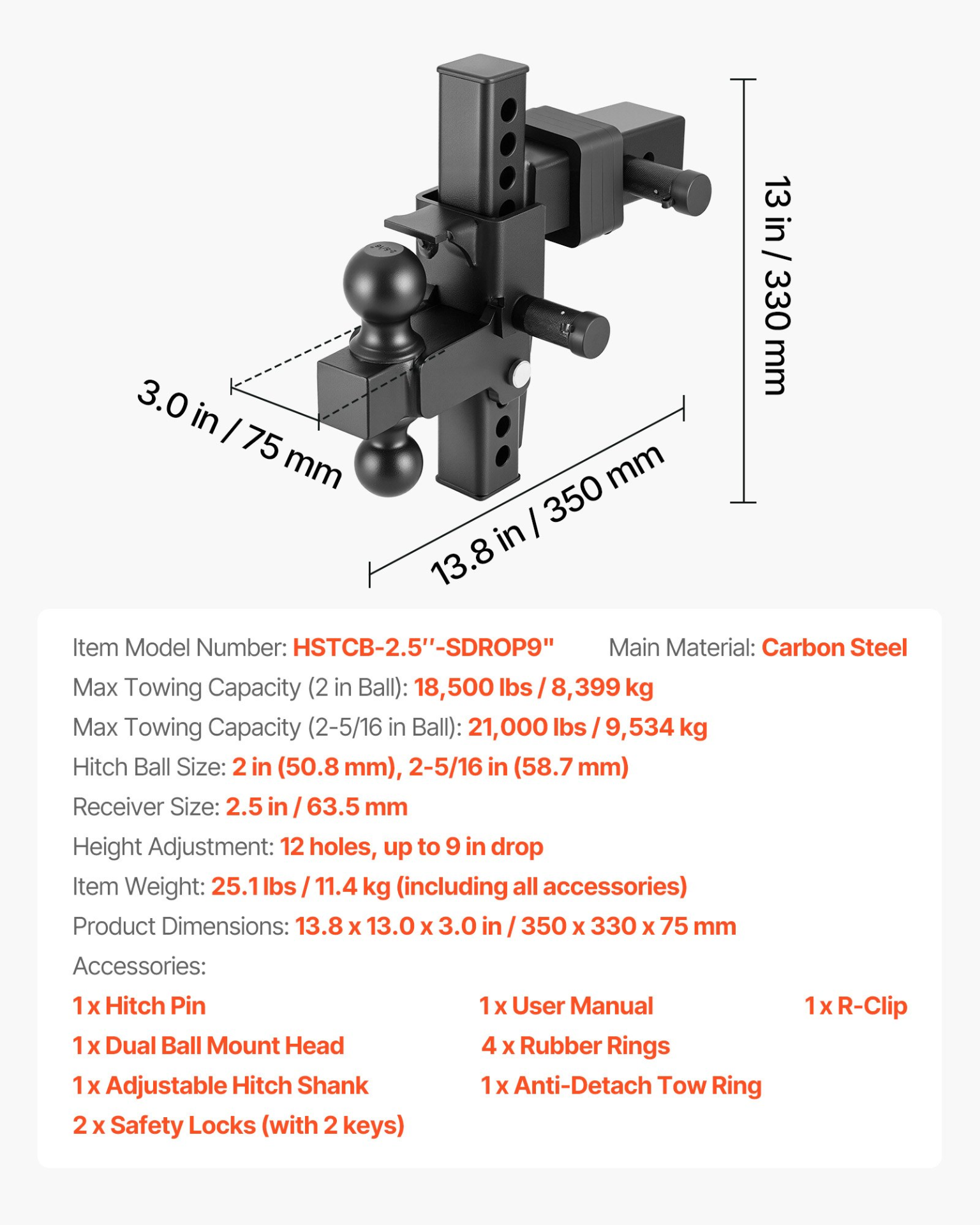 VEVOR Adjustable Trailer Hitch, 2.5” Receiver, 21000 lbs GTW, 9” Drop