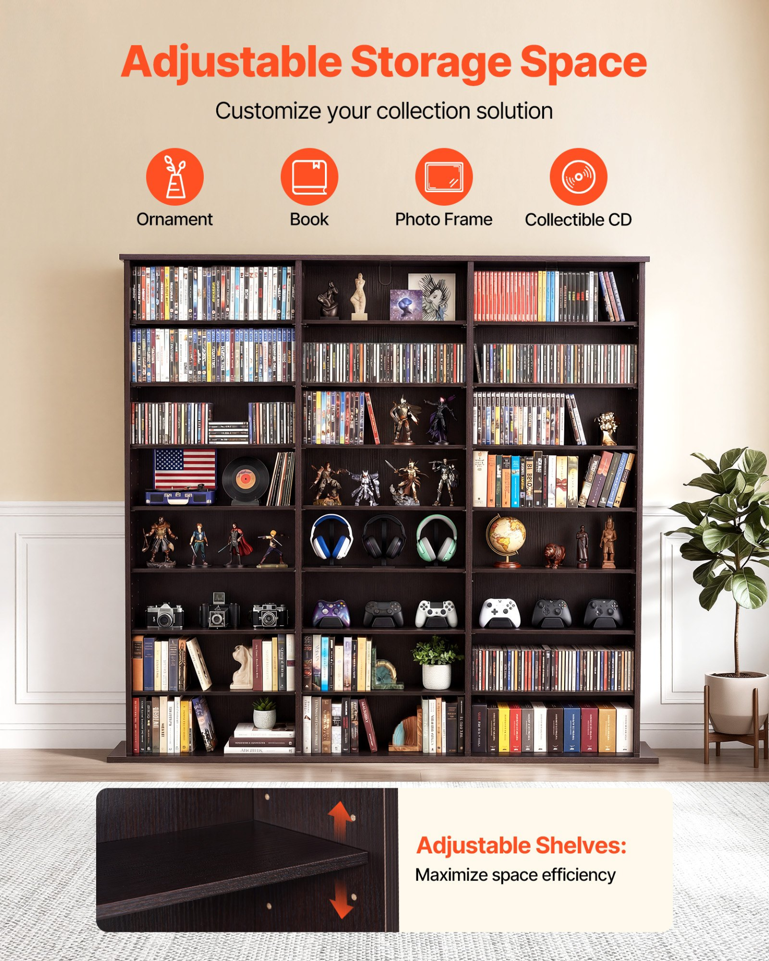 8 Tier Media Storage Cabinet CD DVD Game Shelf Organizer Bookcase Brown 56″
