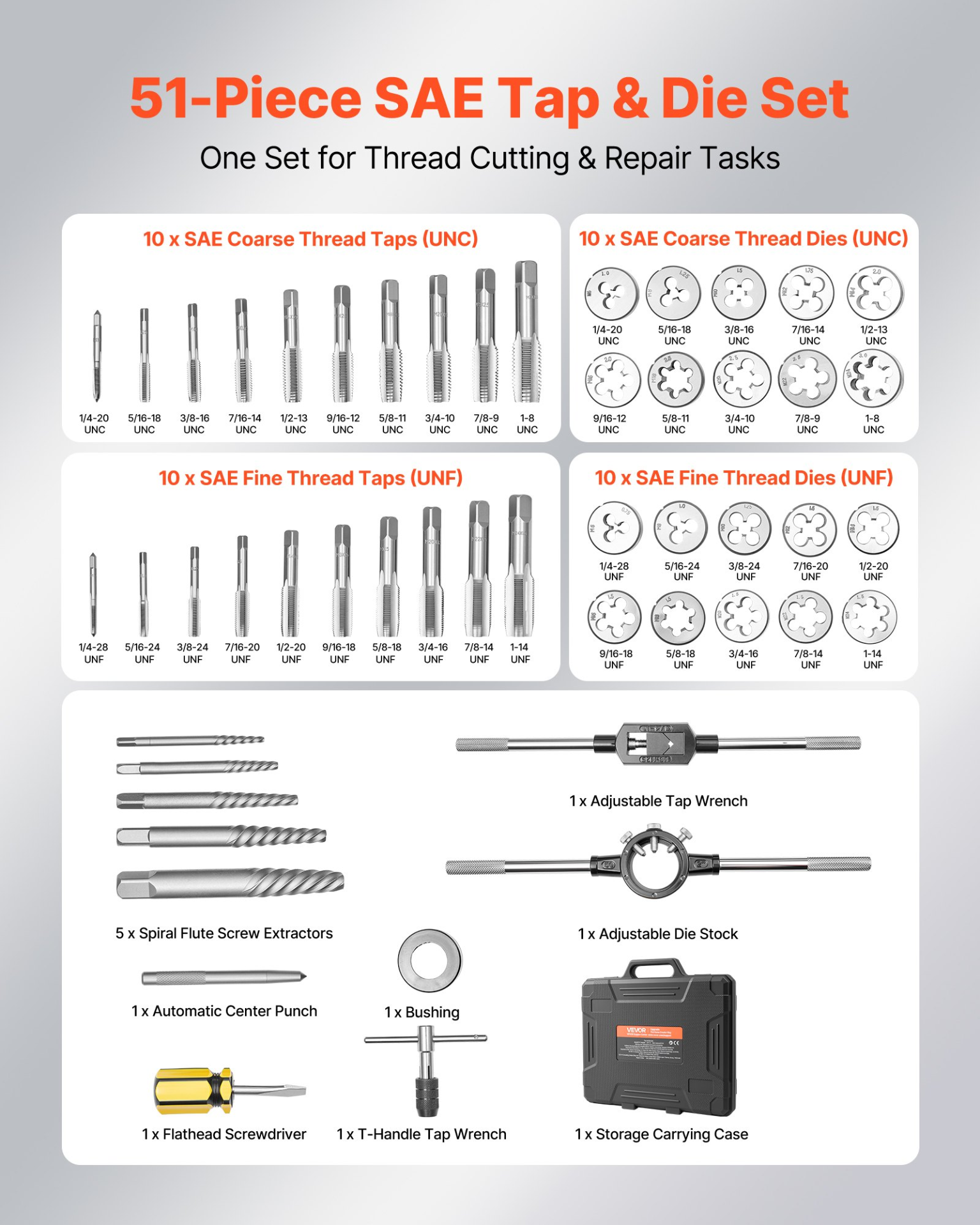 VEVOR 51pc SAE Tap and Die Set | 1/4