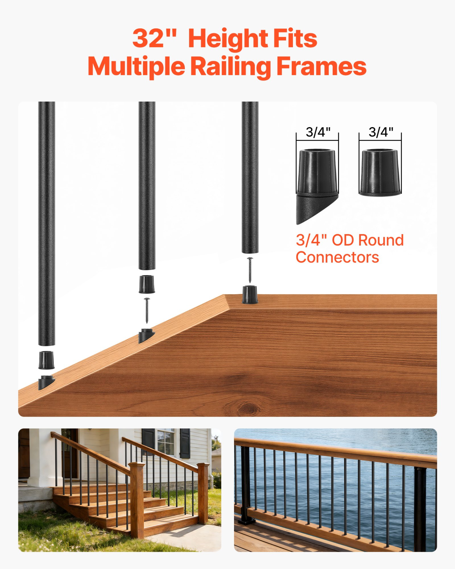 125pc 32" Aluminum Deck Balusters 3/4" Round Railing Spindles Black