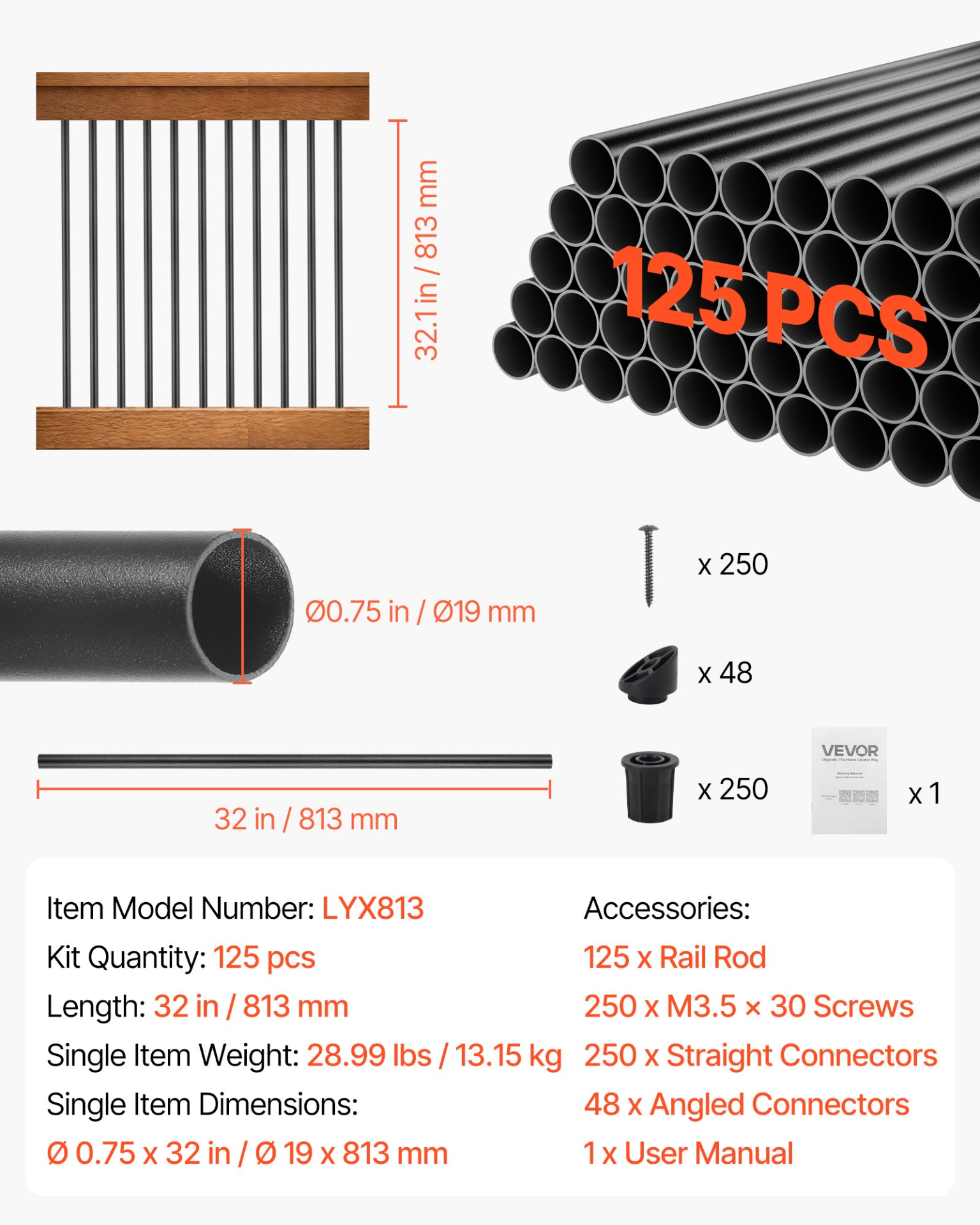 125pc 32" Aluminum Deck Balusters 3/4" Round Railing Spindles Black