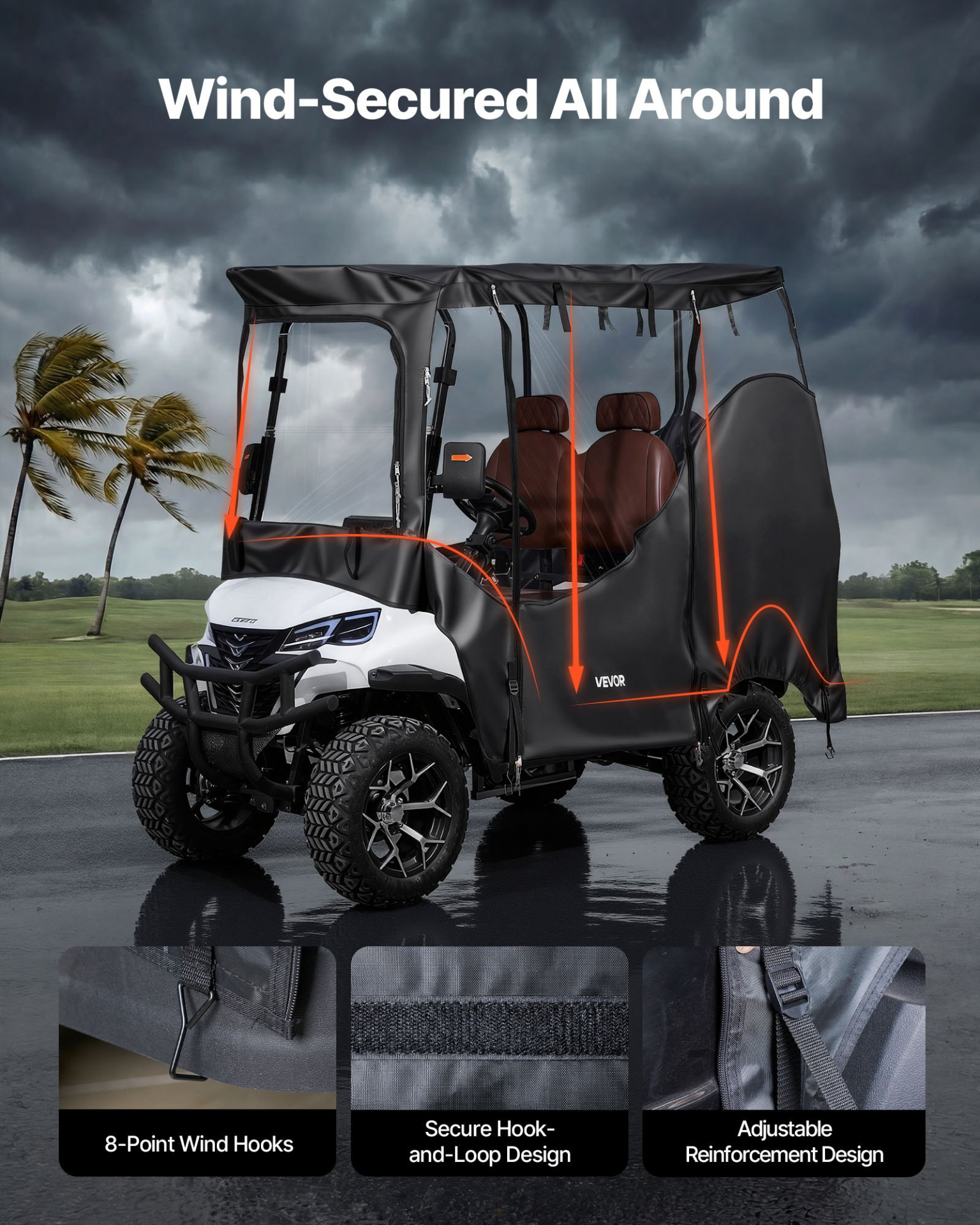 Golf Cart Cover, PVC Coating & Windproof Hook Design