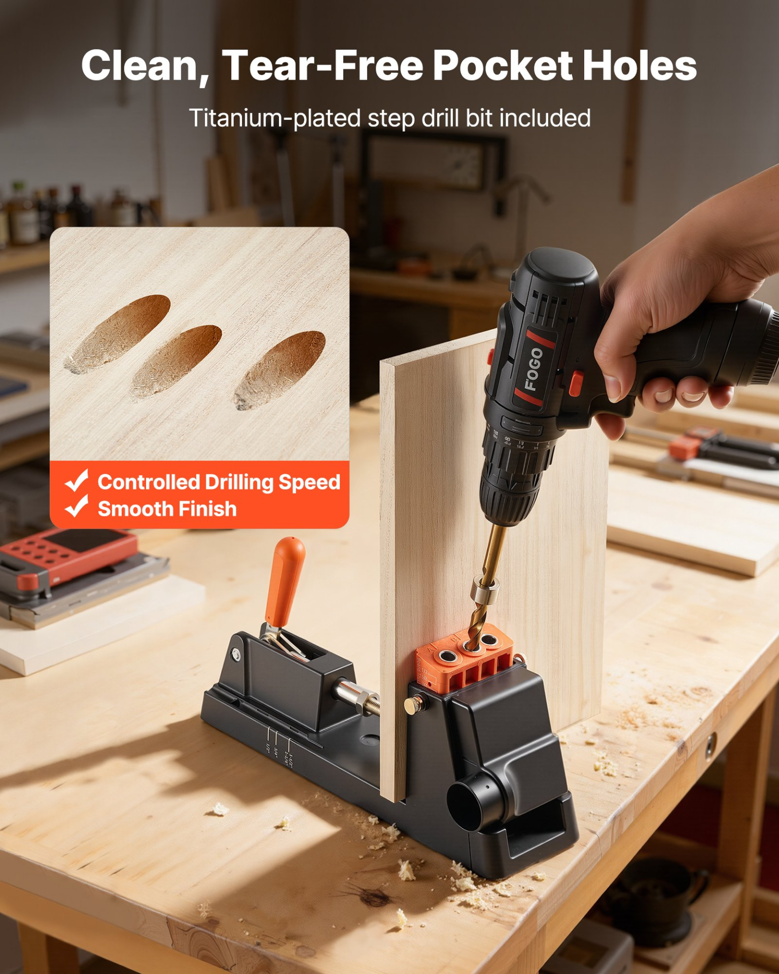 Pocket Hole Jig Kit 1/2"–1-1/2" Adjustable w/ Dust Adapter