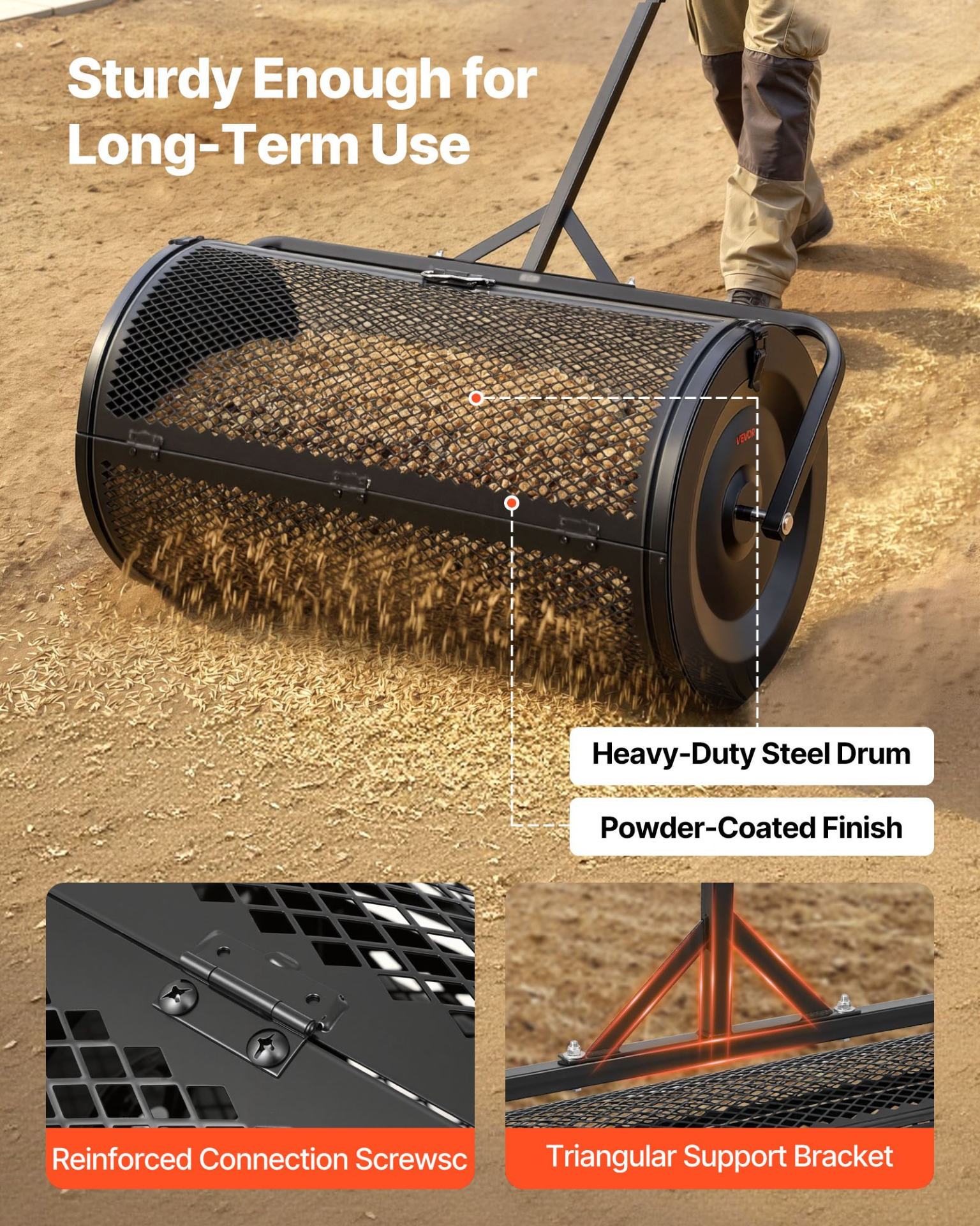 Compost Spreader, 36" Wide Peat Moss Spreader with Push/Tow Handle, Black