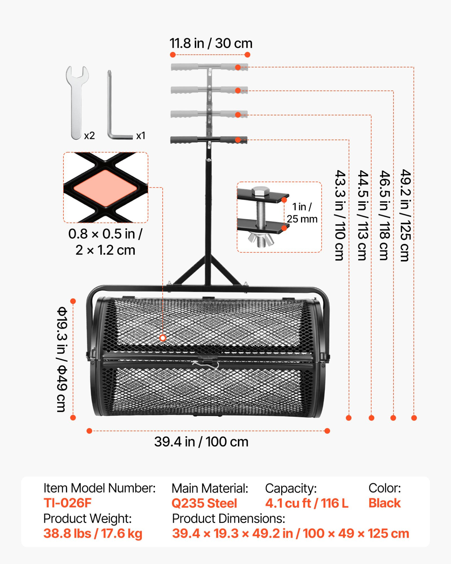 Compost Spreader, 36" Wide Peat Moss Spreader with Push/Tow Handle, Black