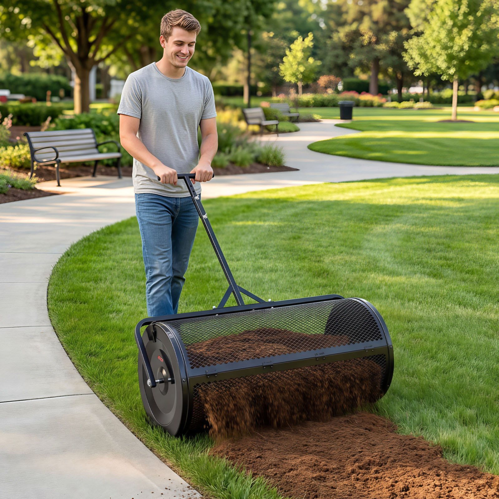 Compost Spreader, 36" Wide Peat Moss Spreader with Push/Tow Handle, Black