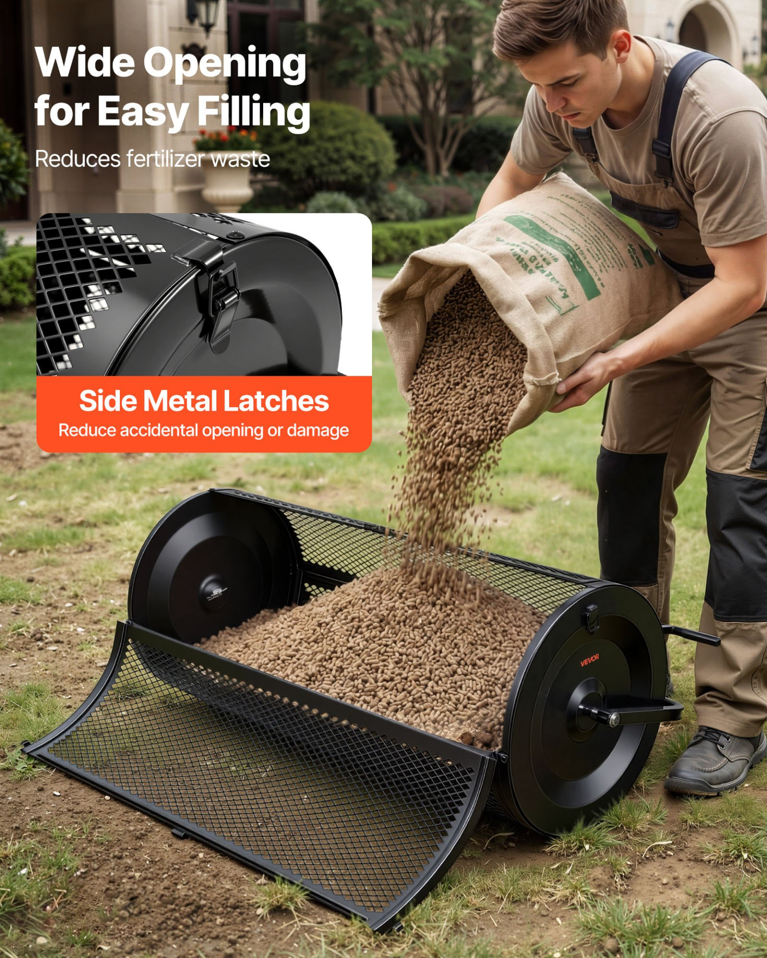 Compost Spreader, 44" Wide Peat Moss Spreader with Push/Tow Handle, Black