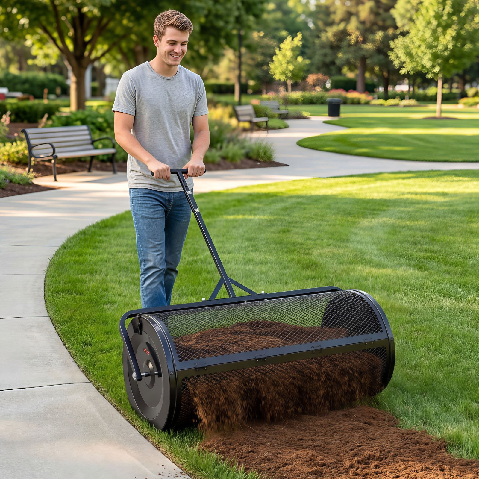 Compost Spreader, 44" Wide Peat Moss Spreader with Push/Tow Handle, Black