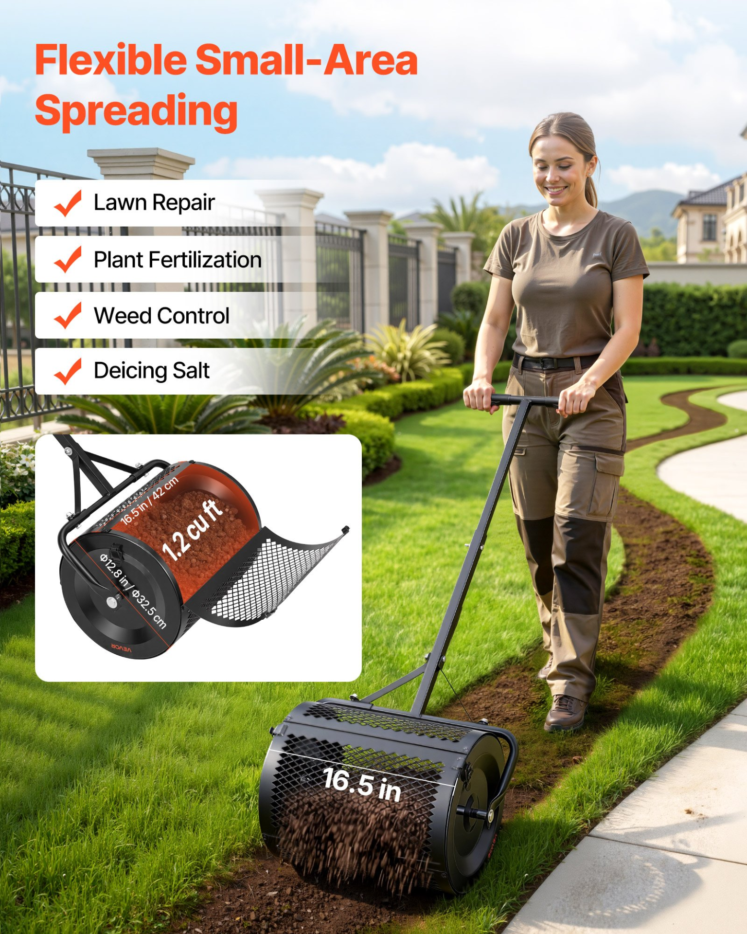 Compost Spreader, 16.5" Wide Peat Moss Spreader with T Shaped Handle, Black