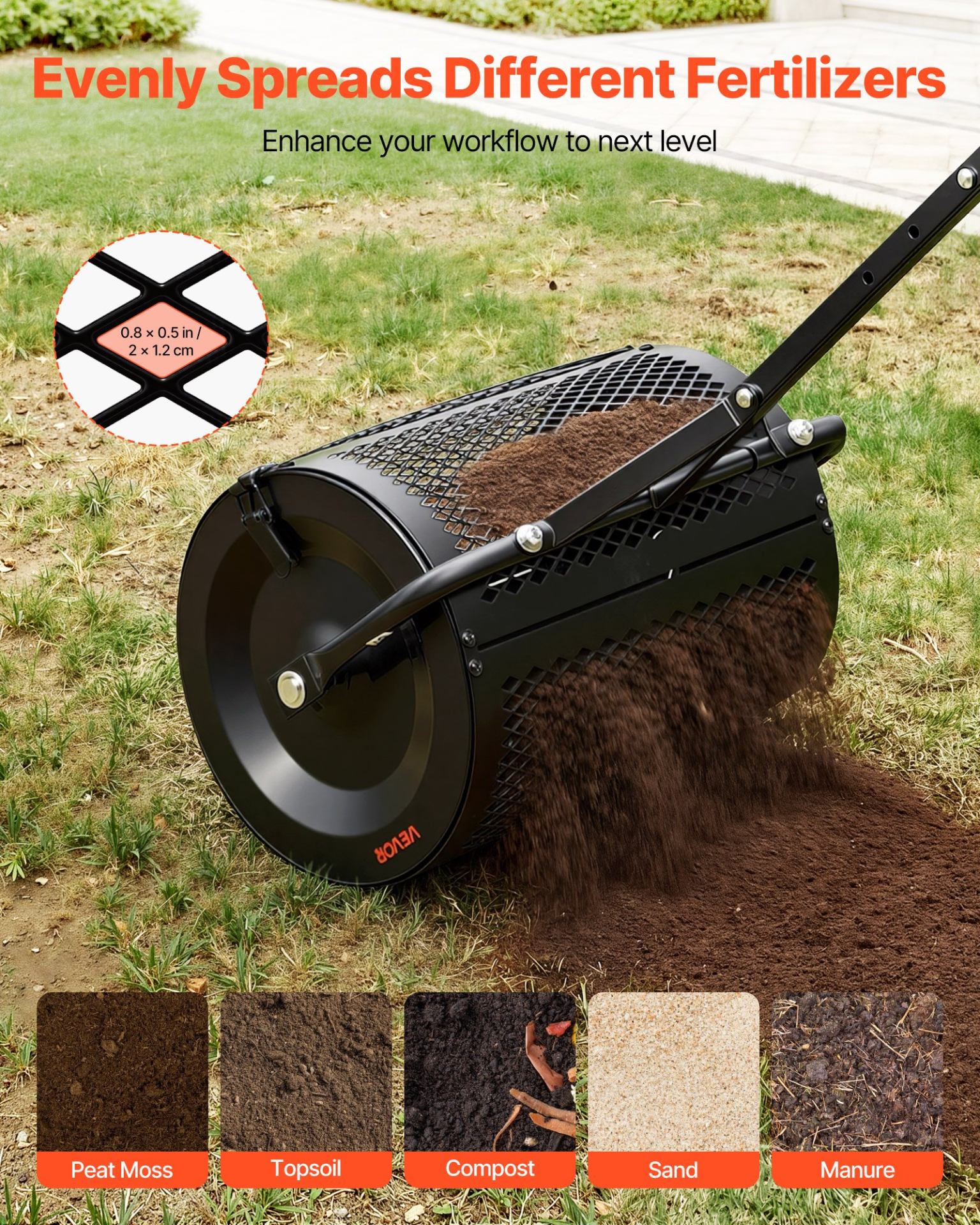 Compost Spreader, 16.5" Wide Peat Moss Spreader with T Shaped Handle, Black