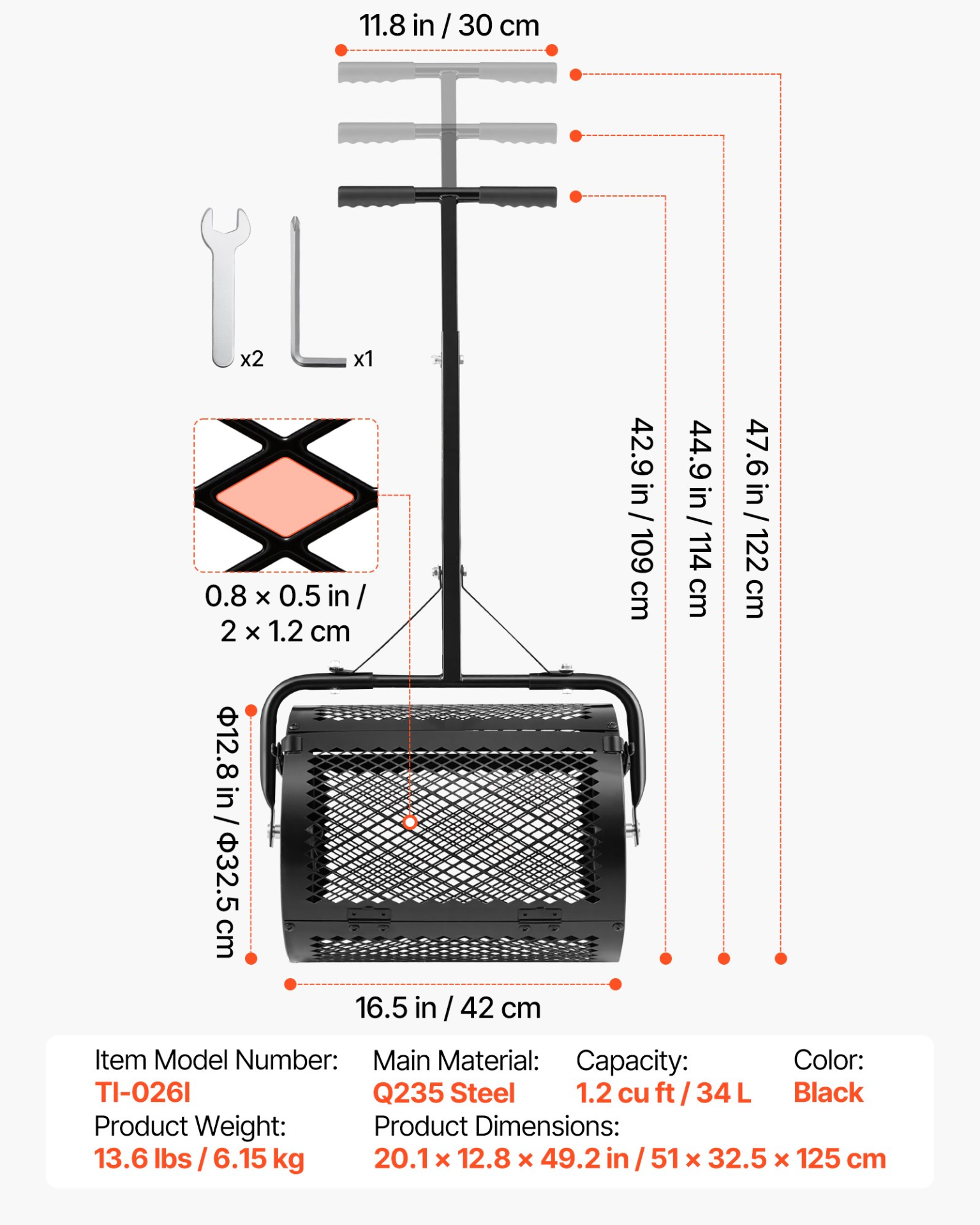 Compost Spreader, 16.5" Wide Peat Moss Spreader with T Shaped Handle, Black