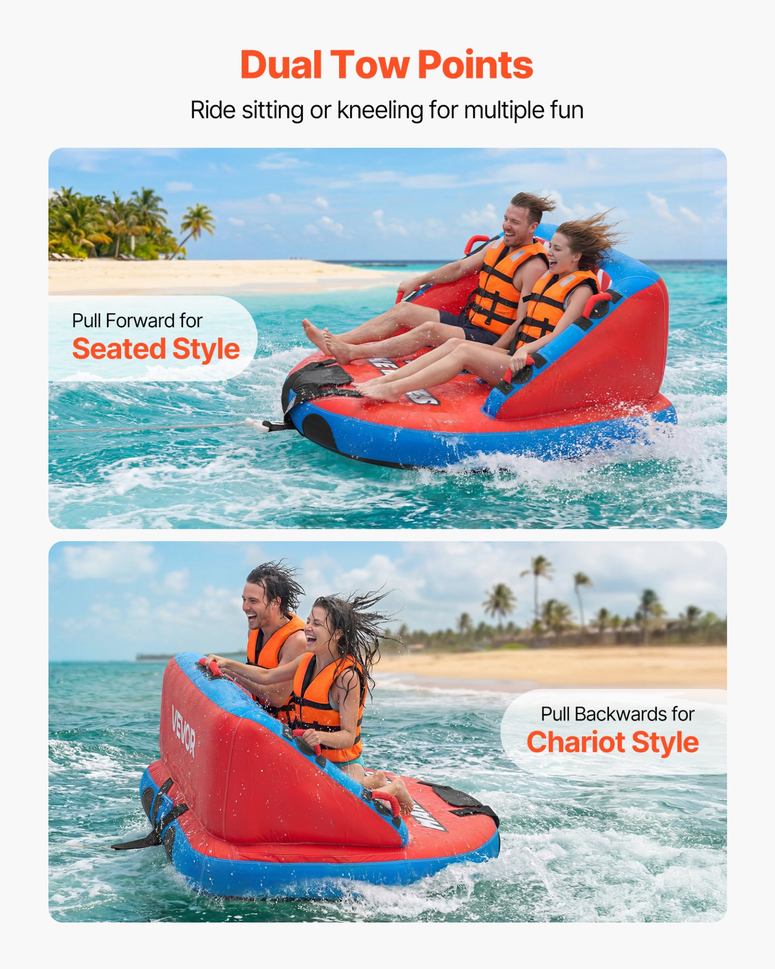 2 Rider Towable Tube 340LBS Inflatable Boat Tube Nylon Cover Dual Tow