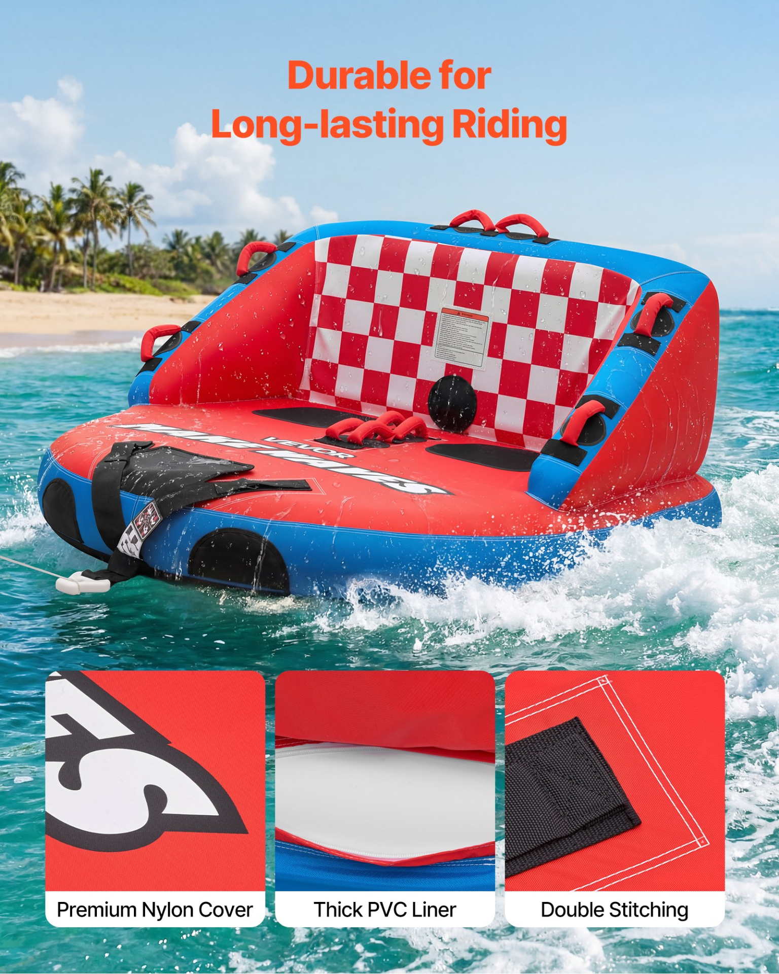 2 Rider Towable Tube 340LBS Inflatable Boat Tube Nylon Cover Dual Tow