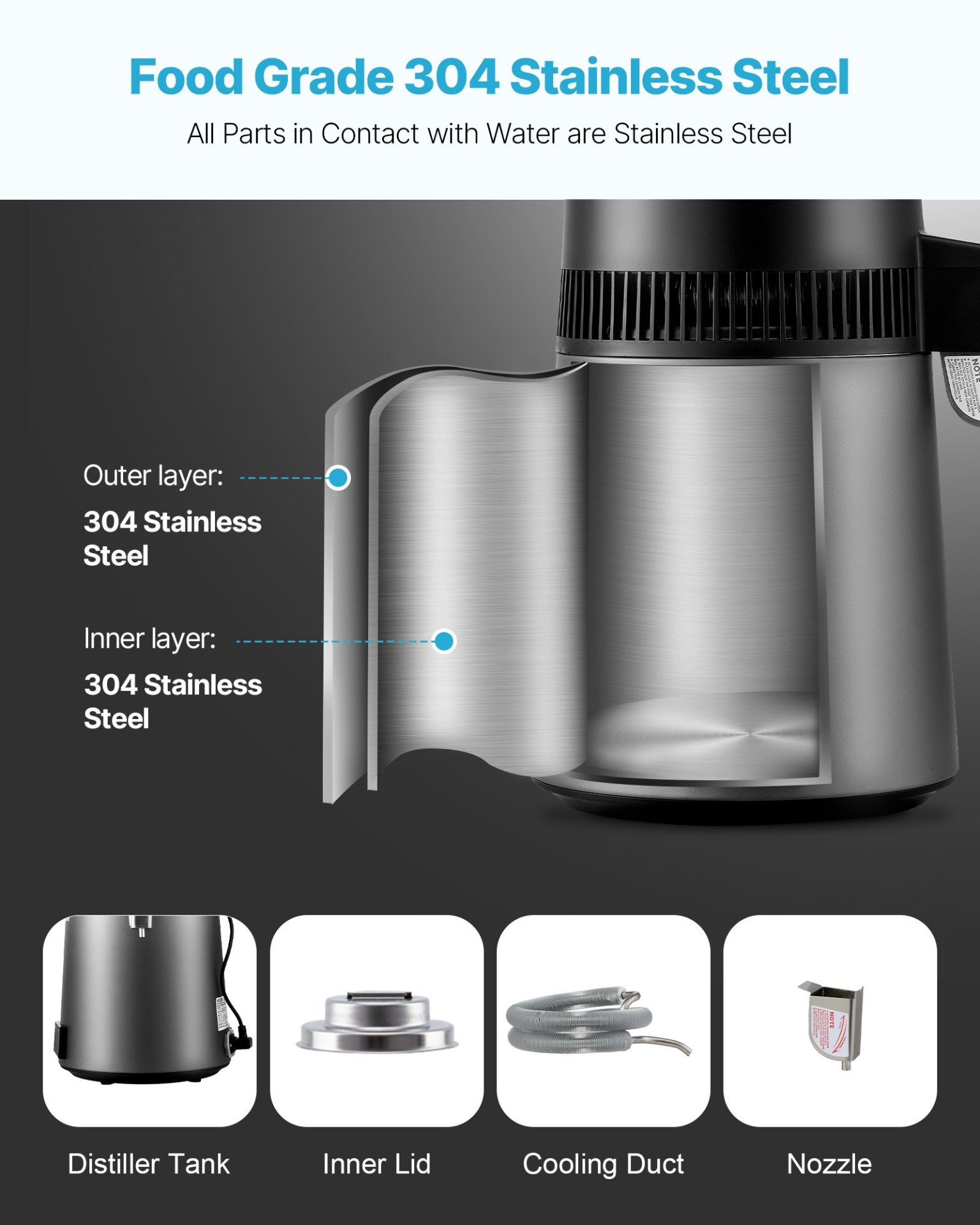 6L Water Distiller 1.6 Gallon Countertop 900W Stainless Steel Pure Water Maker - Produktbild 4