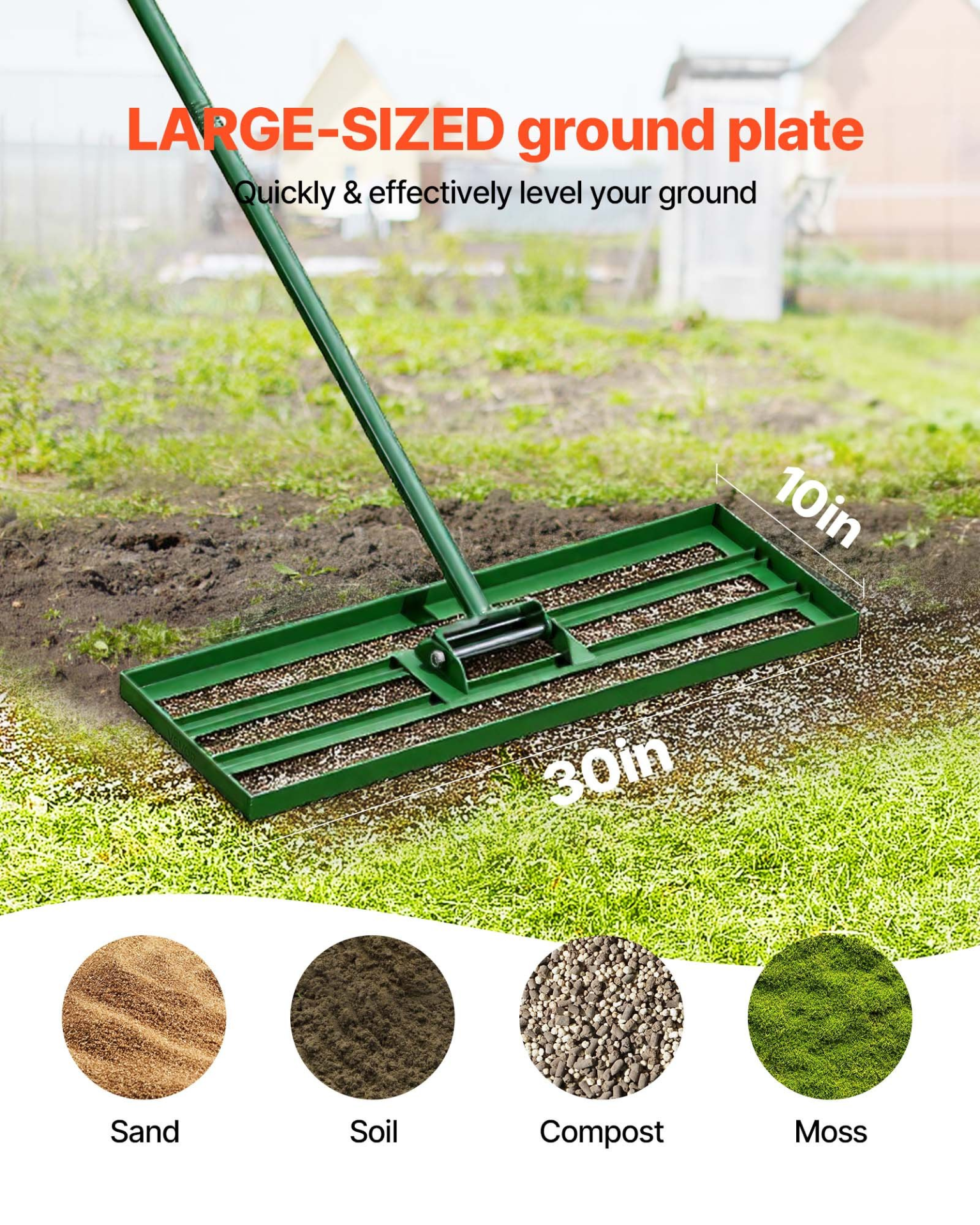 30″x10″ Lawn Leveling Rake w/ 78″ Steel Handle Heavy Duty Yard Leveler Tool