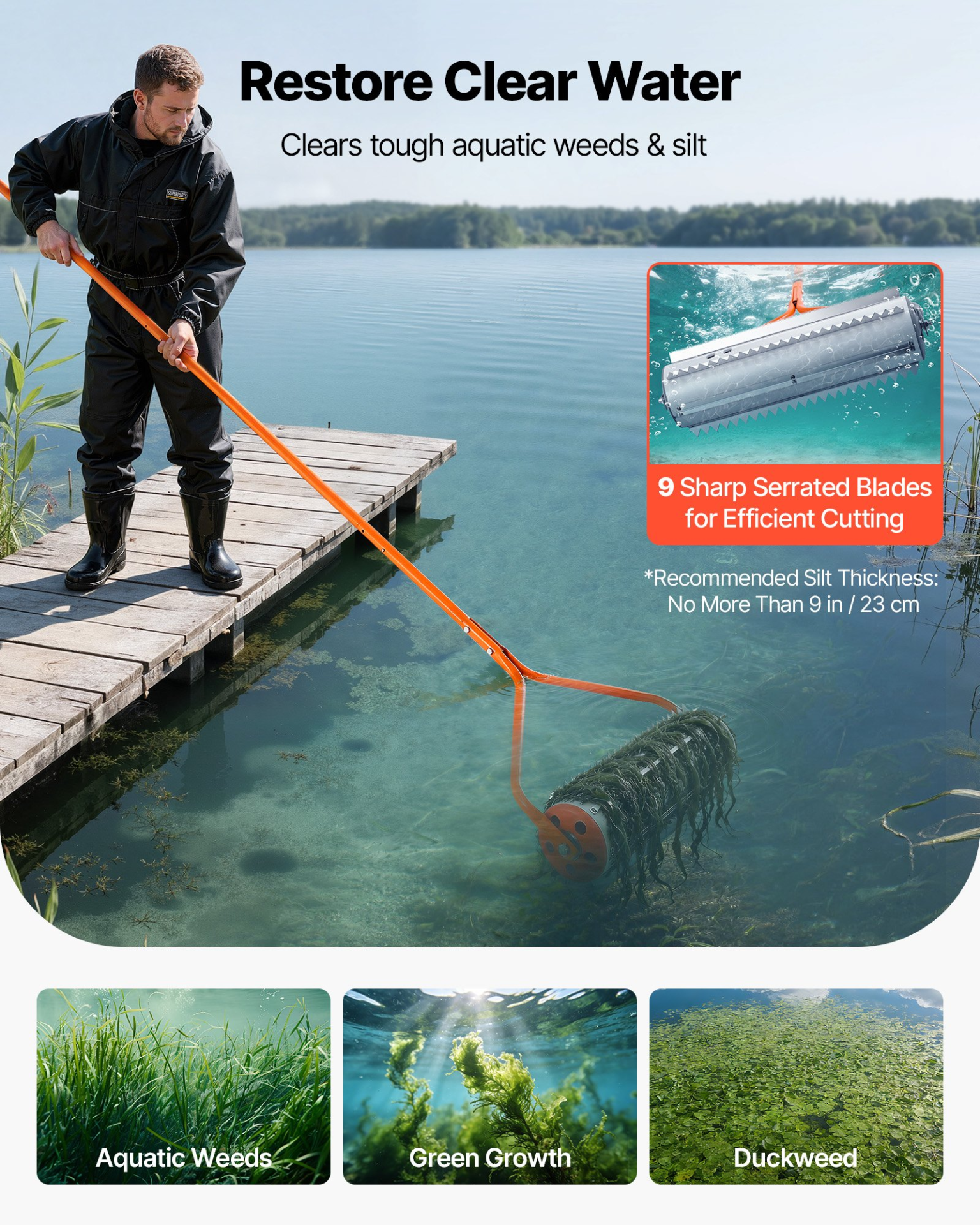Lake Weed Roller, 18 ft Lake & Pond Weed Removal Tool, Easy Assembly