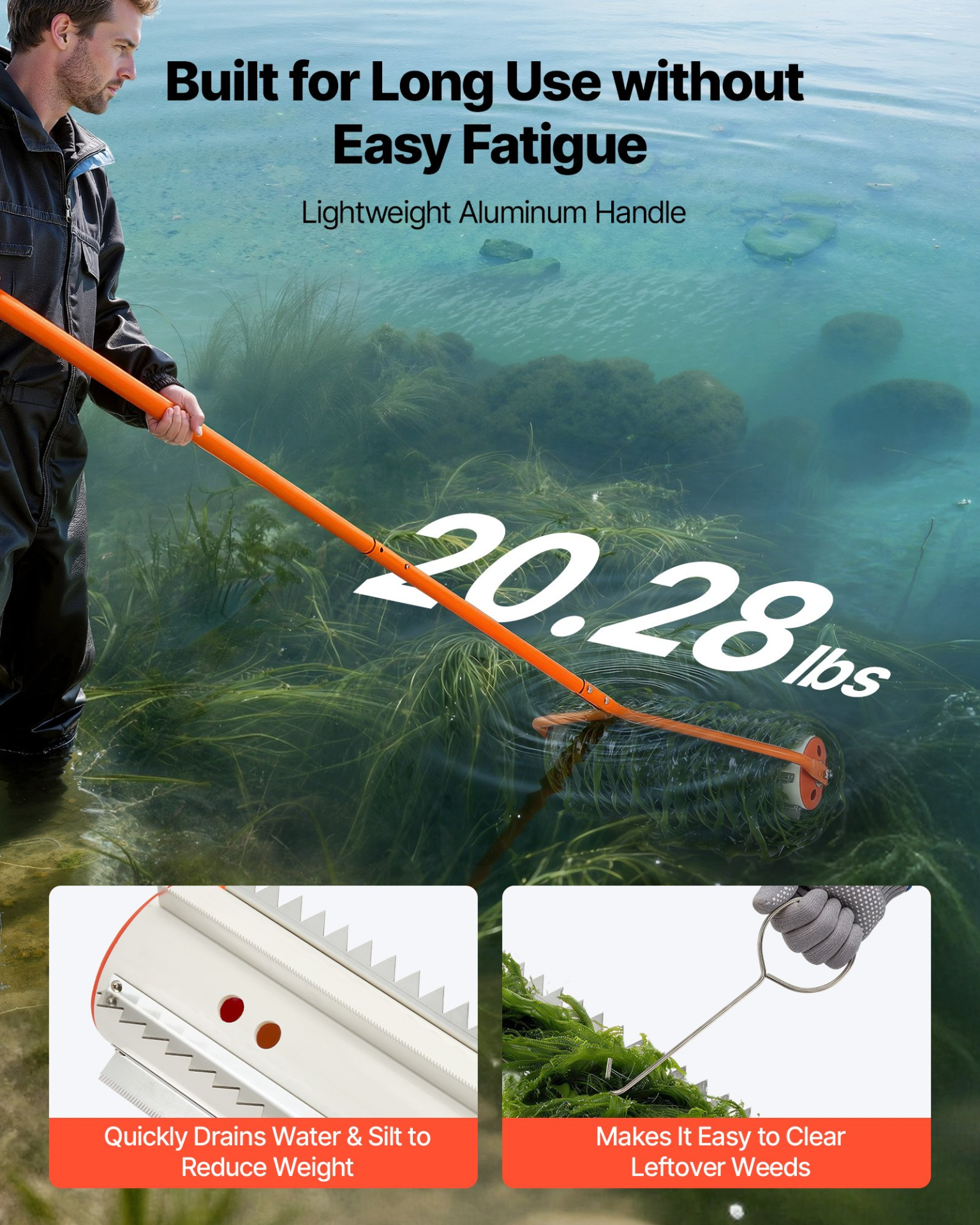 Lake Weed Roller, 18 ft Lake & Pond Weed Removal Tool, Easy Assembly
