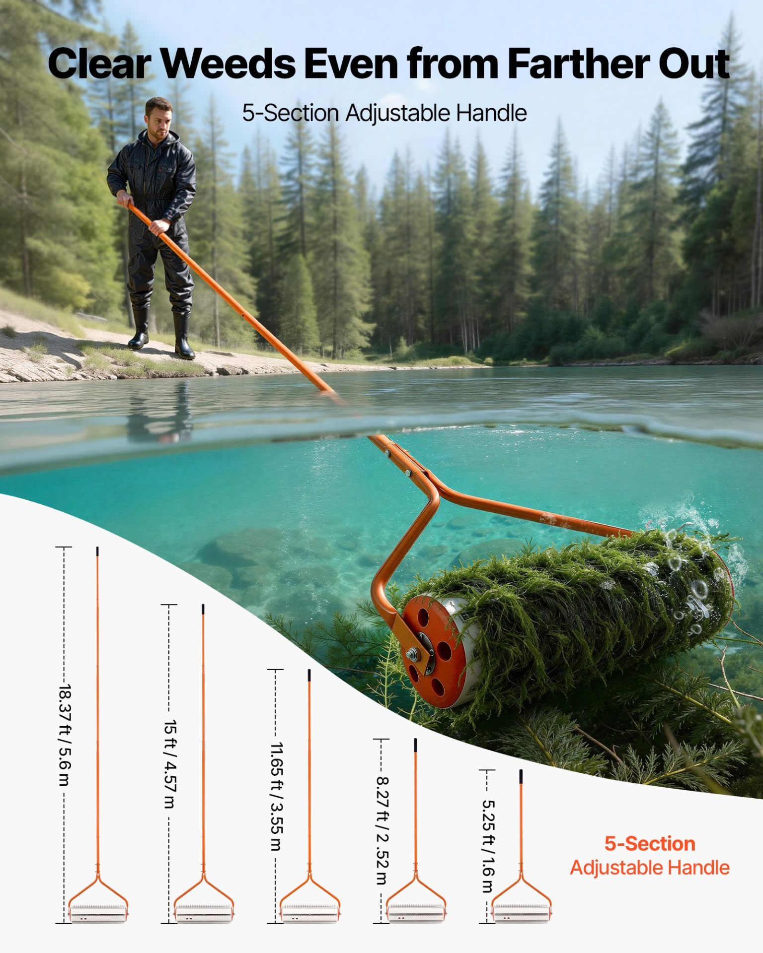 Lake Weed Roller, 18 ft Lake & Pond Weed Removal Tool, Easy Assembly