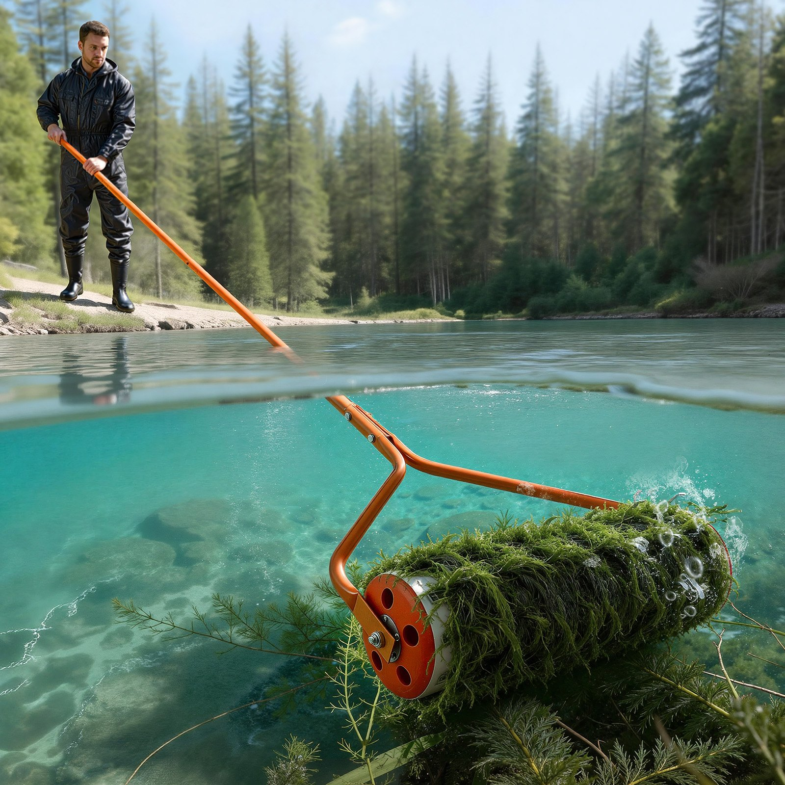 Lake Weed Roller, 18 ft Lake & Pond Weed Removal Tool, Easy Assembly