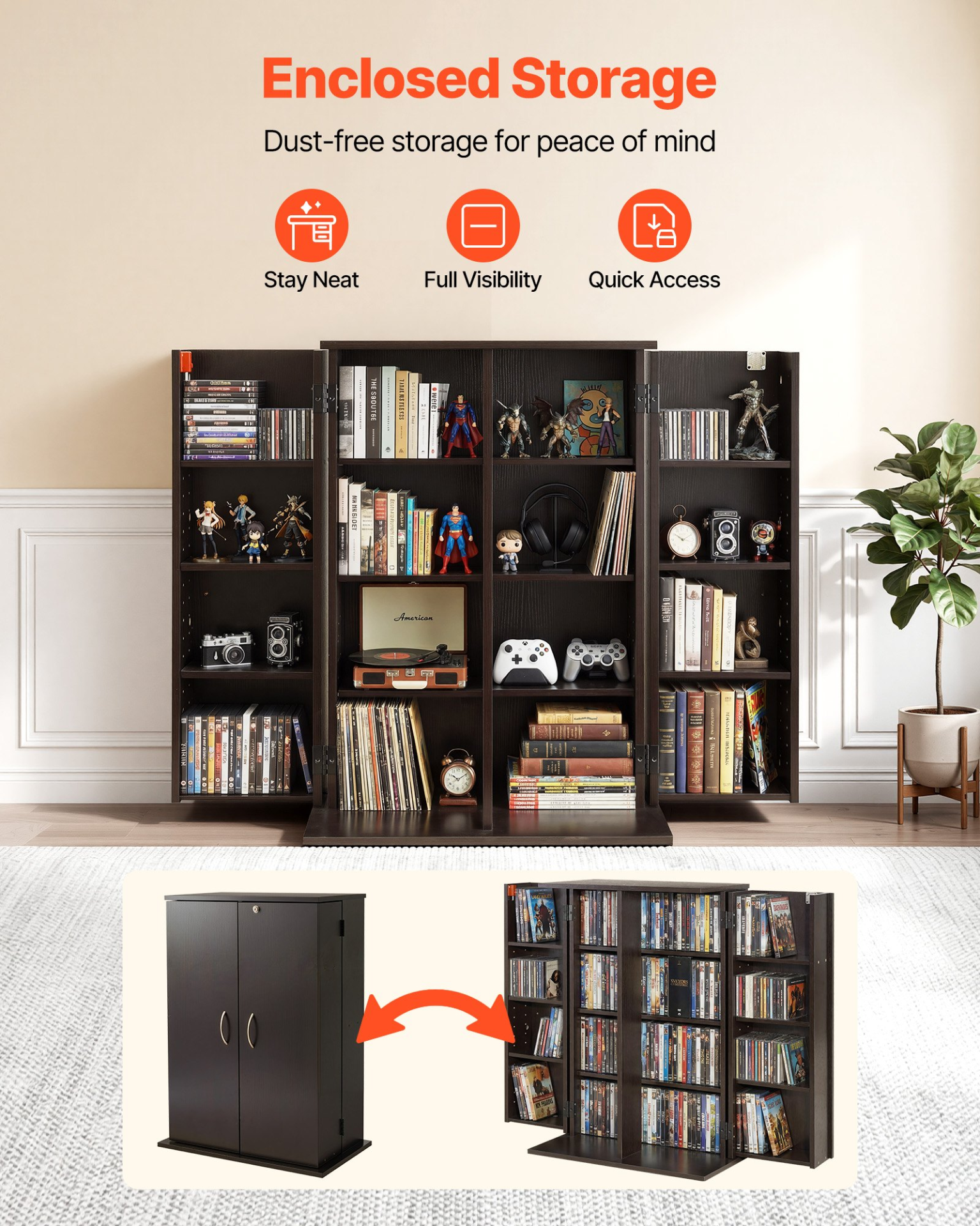 Media Storage Cabinet 4 Tier DVD CD Shelf Organizer Bookcase Brown