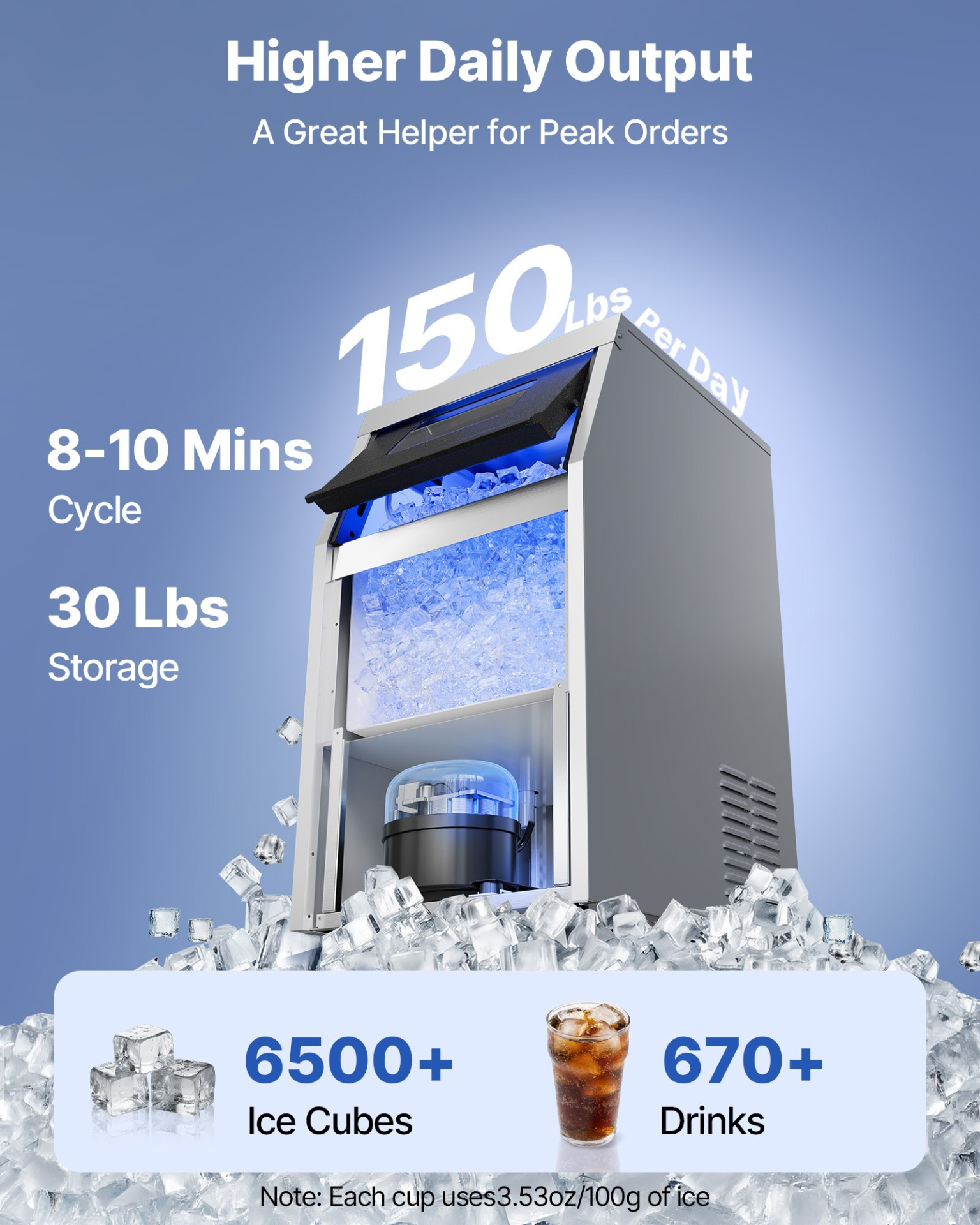 Commercial Ice Maker 150Lbs/24H 30Lbs Storage Under Counter w/ Self-Clean