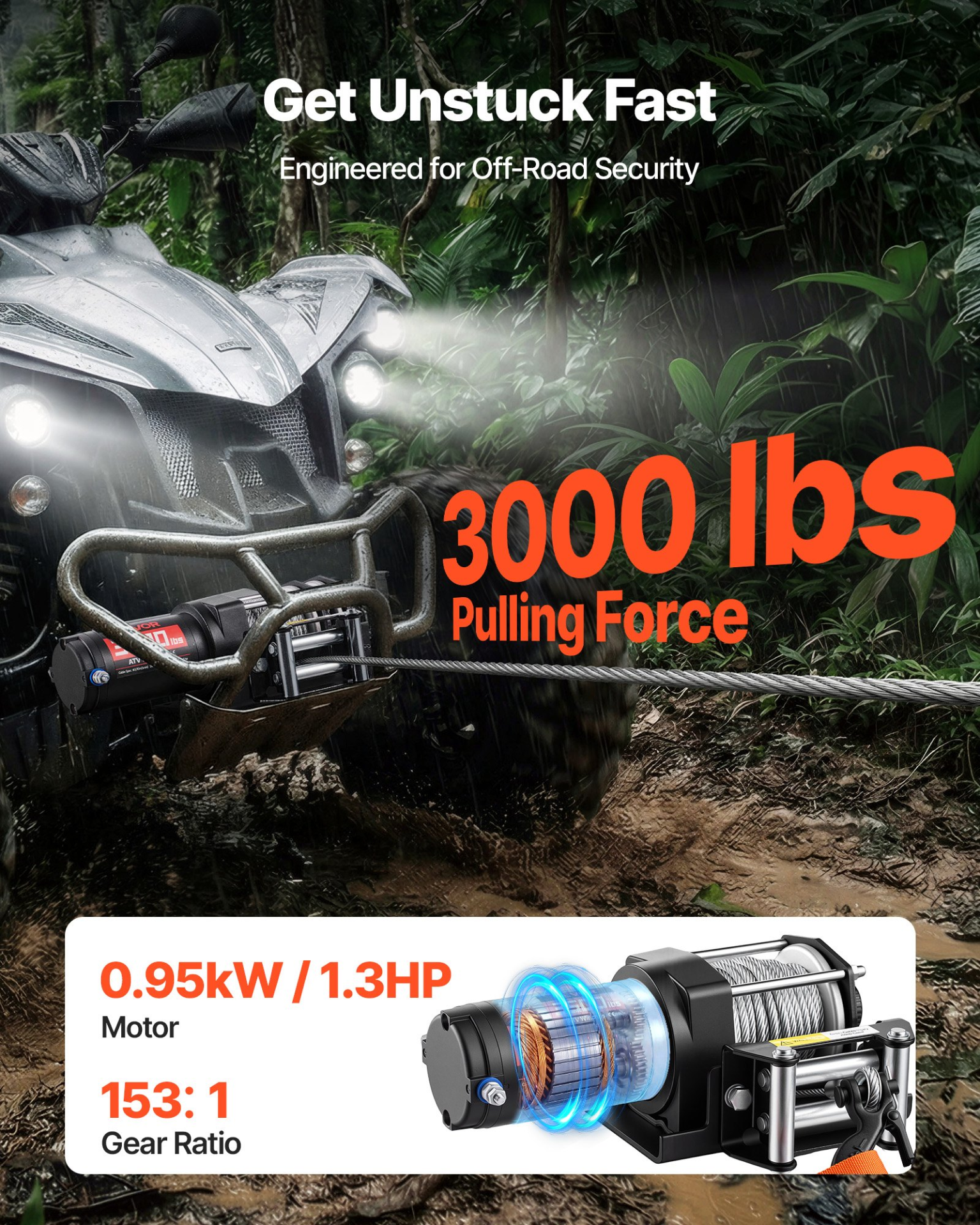 3000 lbs Electric Winch, Black