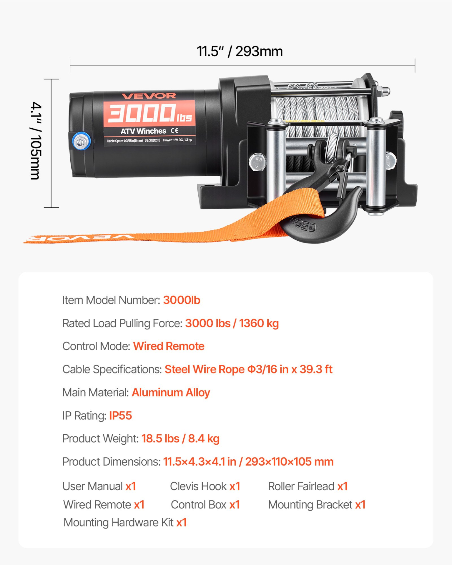 3000 lbs Electric Winch, Black