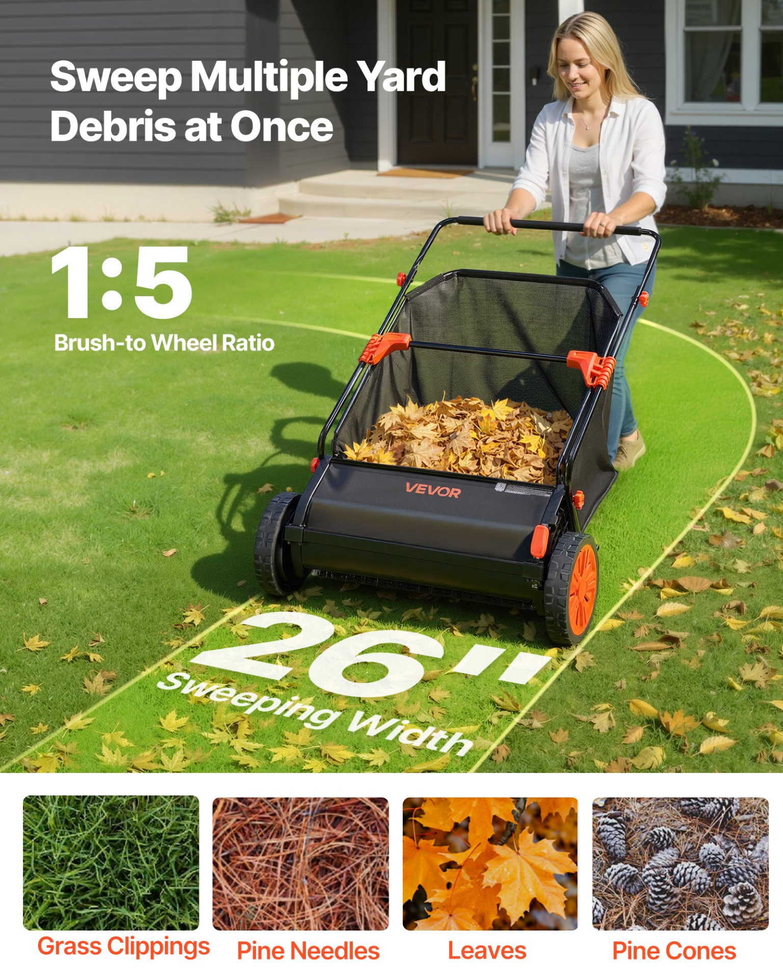 26″ Push Lawn Sweeper Leaf & Grass Collector 7 cu ft Hopper Adjustable Brush