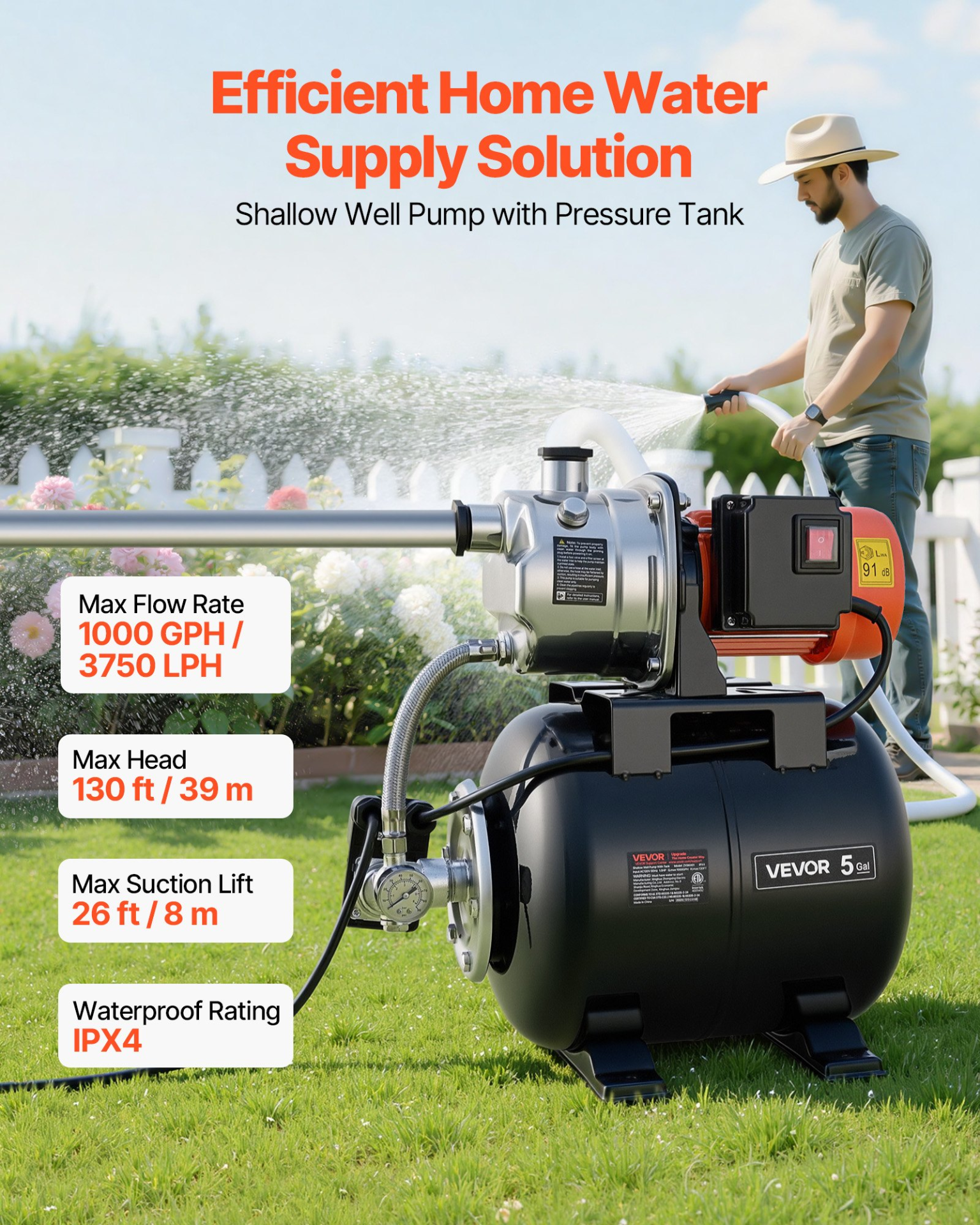 1HP Shallow Well Pump w/ Pressure Tank 1000GPH Jet Pump Booster System