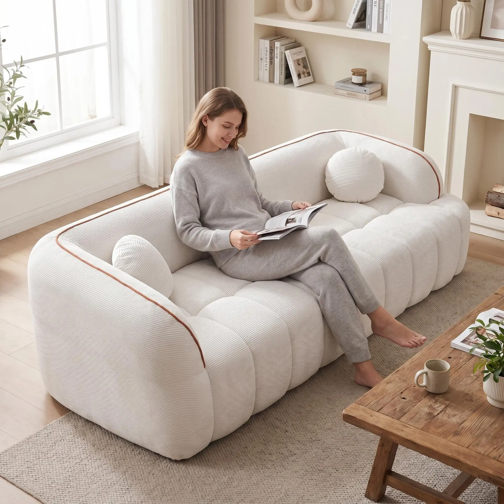 Modern Three-Seat Corduroy Channel-Tufted Cloud Sofa - view 2