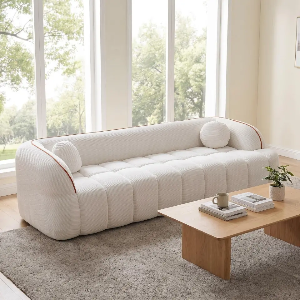 Modern Three-Seat Corduroy Channel-Tufted Cloud Sofa thumbnail 3