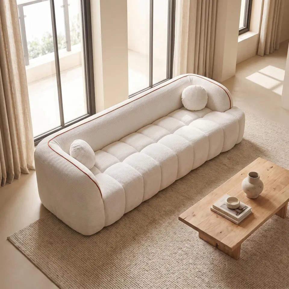 Modern Three-Seat Corduroy Channel-Tufted Cloud Sofa thumbnail 6