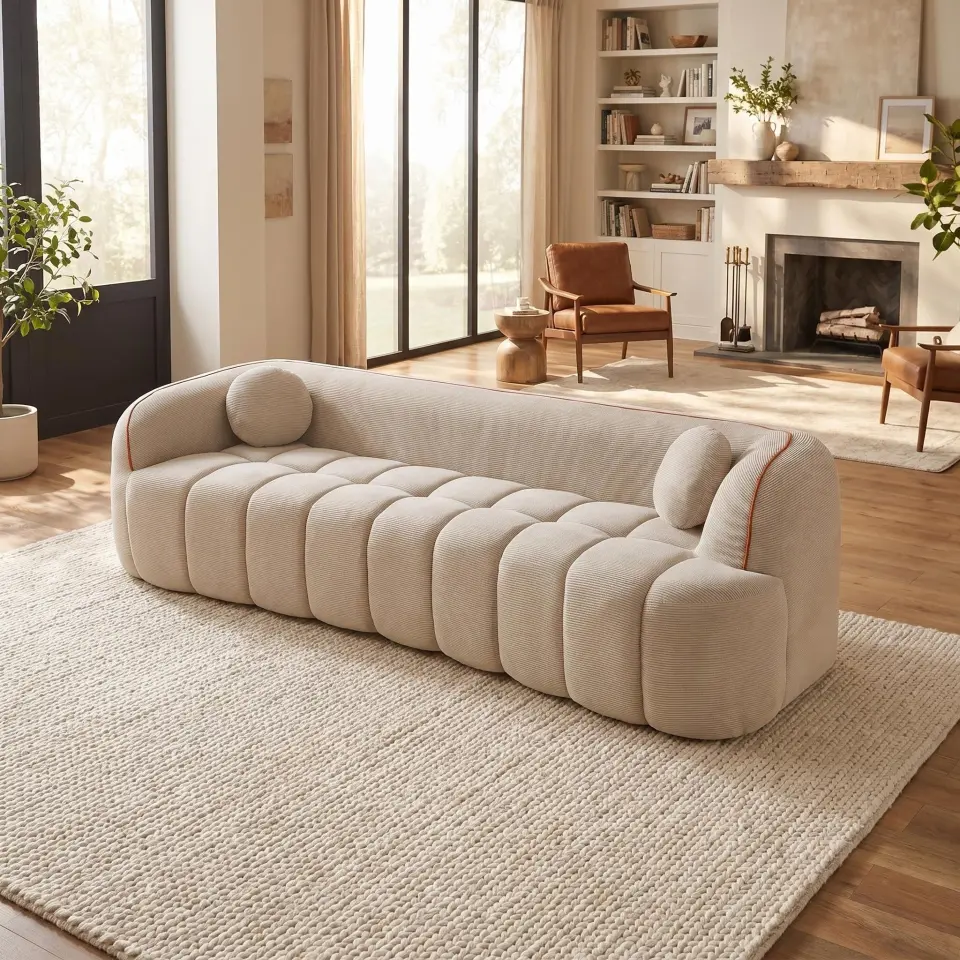 Modern Three-Seat Corduroy Channel-Tufted Cloud Sofa thumbnail 22